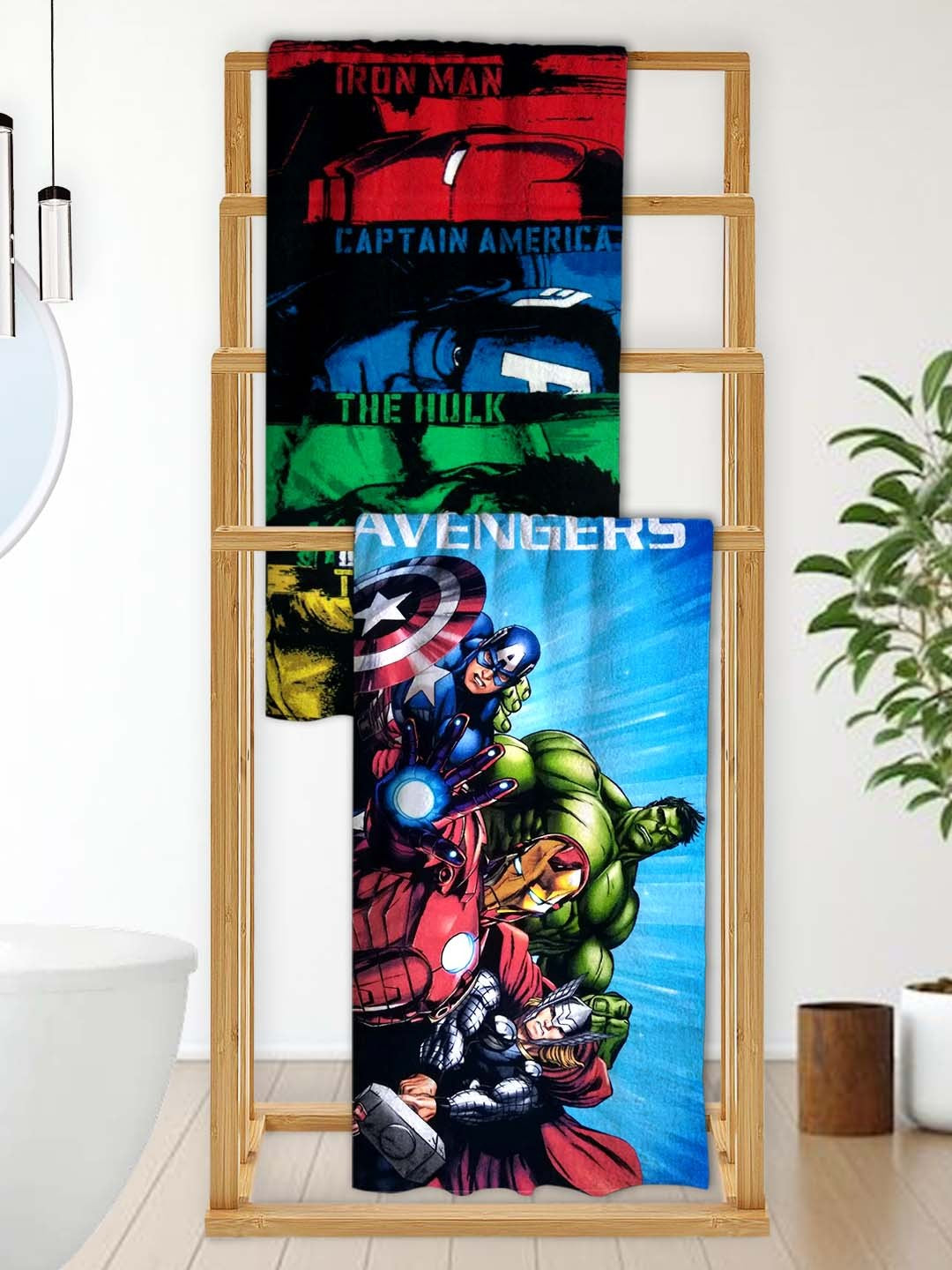 Marvel Avengers Earth’s Mightiest Heroes Kids Bath Towel combo pack of 2 by Athom Living featuring bold superhero prints, soft absorbent fabric, perfect for kids bath time, beach use, pool days, and everyday comfort.