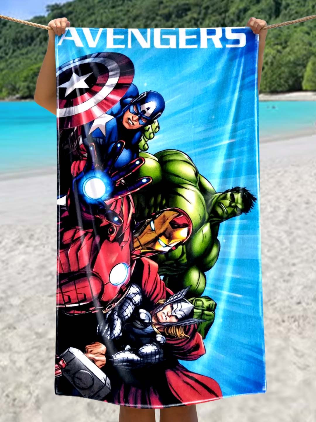 Marvel Avengers Group kids bath towel featuring bold superhero prints, soft 350 GSM cotton, and premium absorbency. Perfect 60x120 cm size for kids who love Marvel characters, ideal for daily bath time fun.