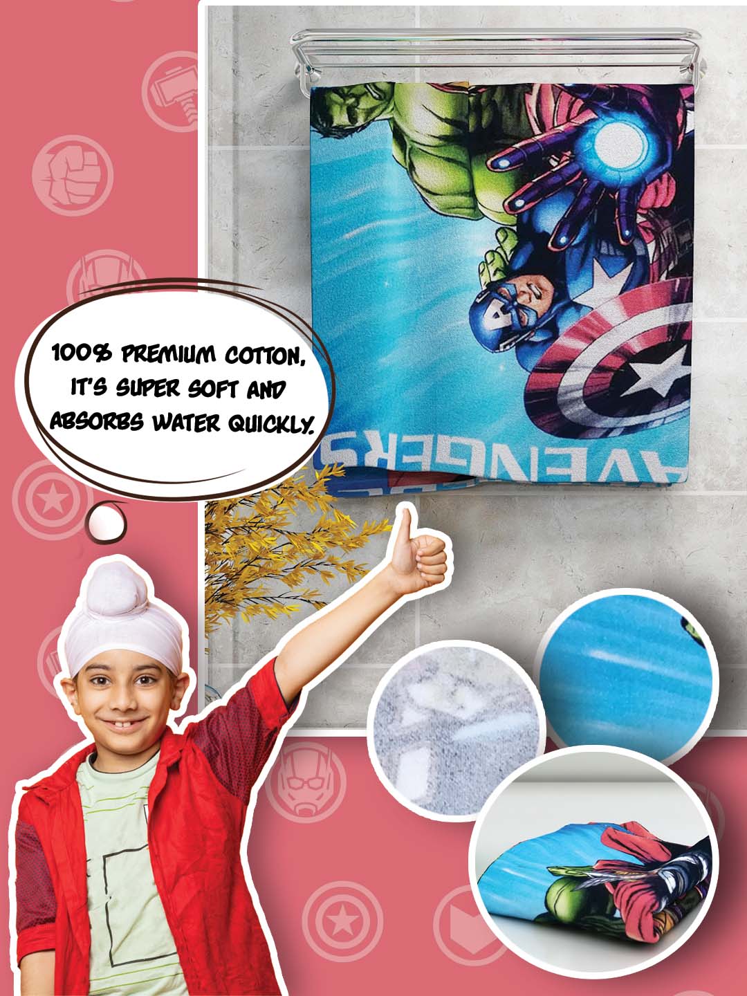 Marvel Avengers Group kids bath towel in 350 GSM cotton with colorful superhero artwork. This 60x120 cm towel is super absorbent, soft on skin, and ideal for young Marvel fans during everyday bath and beach use.