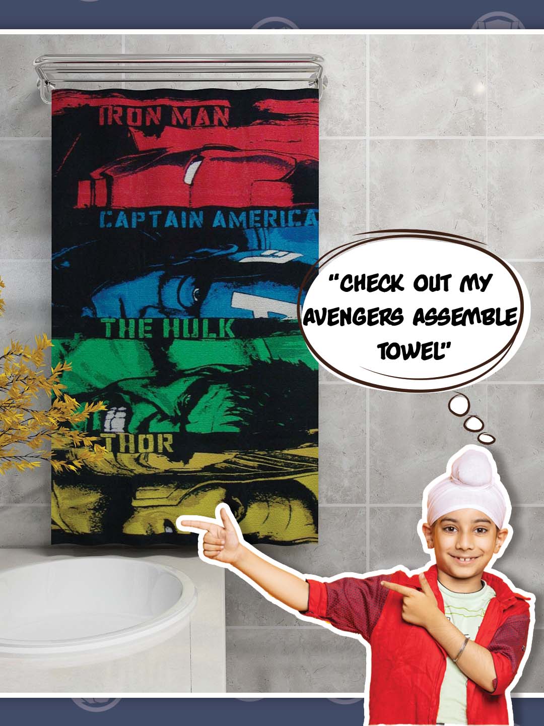 Marvel Avengers Kids Cotton Bath Towel with Captain America, Hulk & Thor – 60x120 cm, 350 GSM, ultra-soft, quick-drying towel by Athom Living.