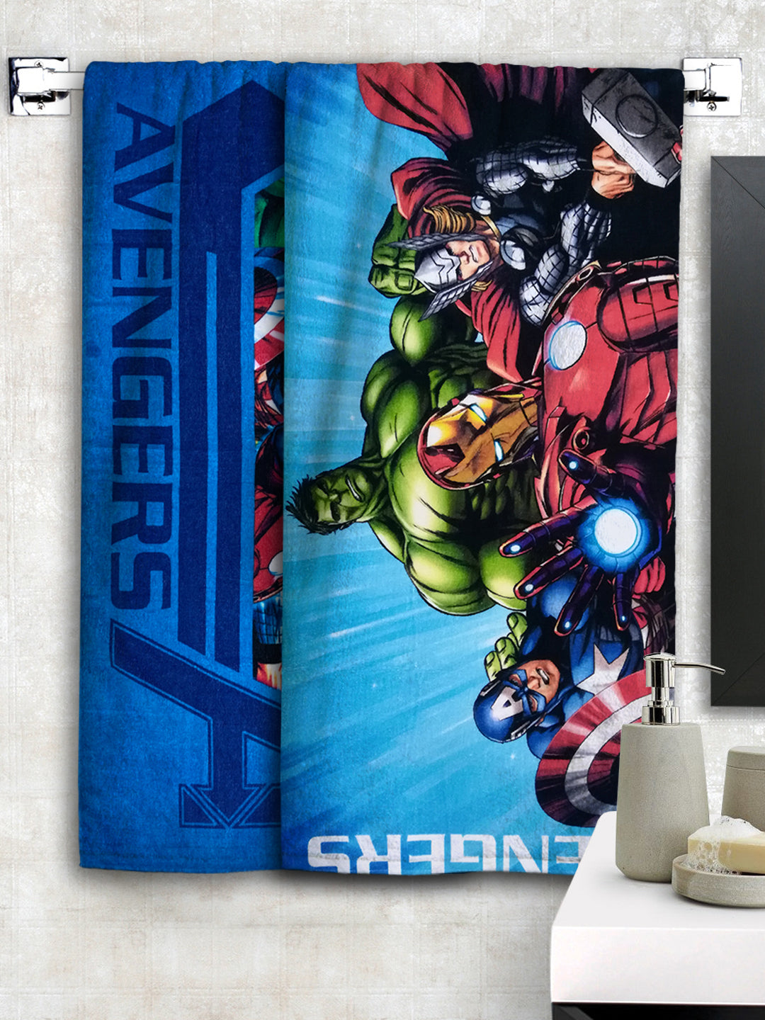 Marvel Avengers Team Up for Action Kids Bath Towel Combo Pack of 2 by Athom Living featuring bold superhero prints, soft absorbent fabric and vibrant colors, making this Kids Cotton Bath Towel perfect for daily bath time fun.