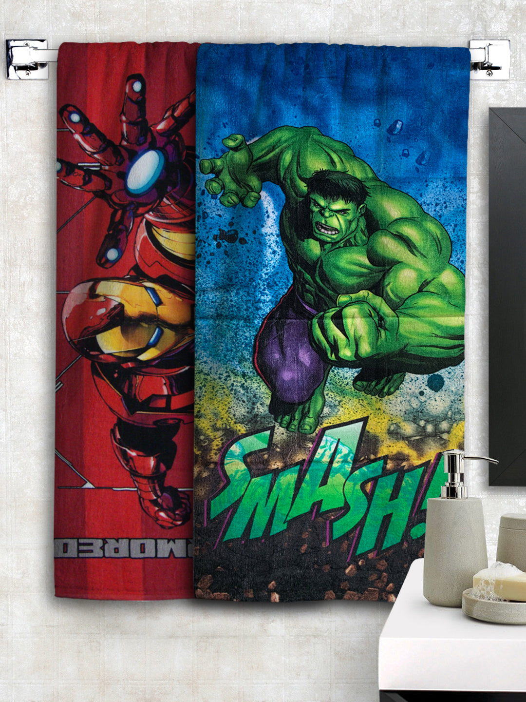 Marvel Avengers & The Hulk Kids Cotton Bath Towel combo-pack of 2 by Athom Living, perfect for toddlers and kids, soft, absorbent, and vibrant colors to make bath time fun and playful.