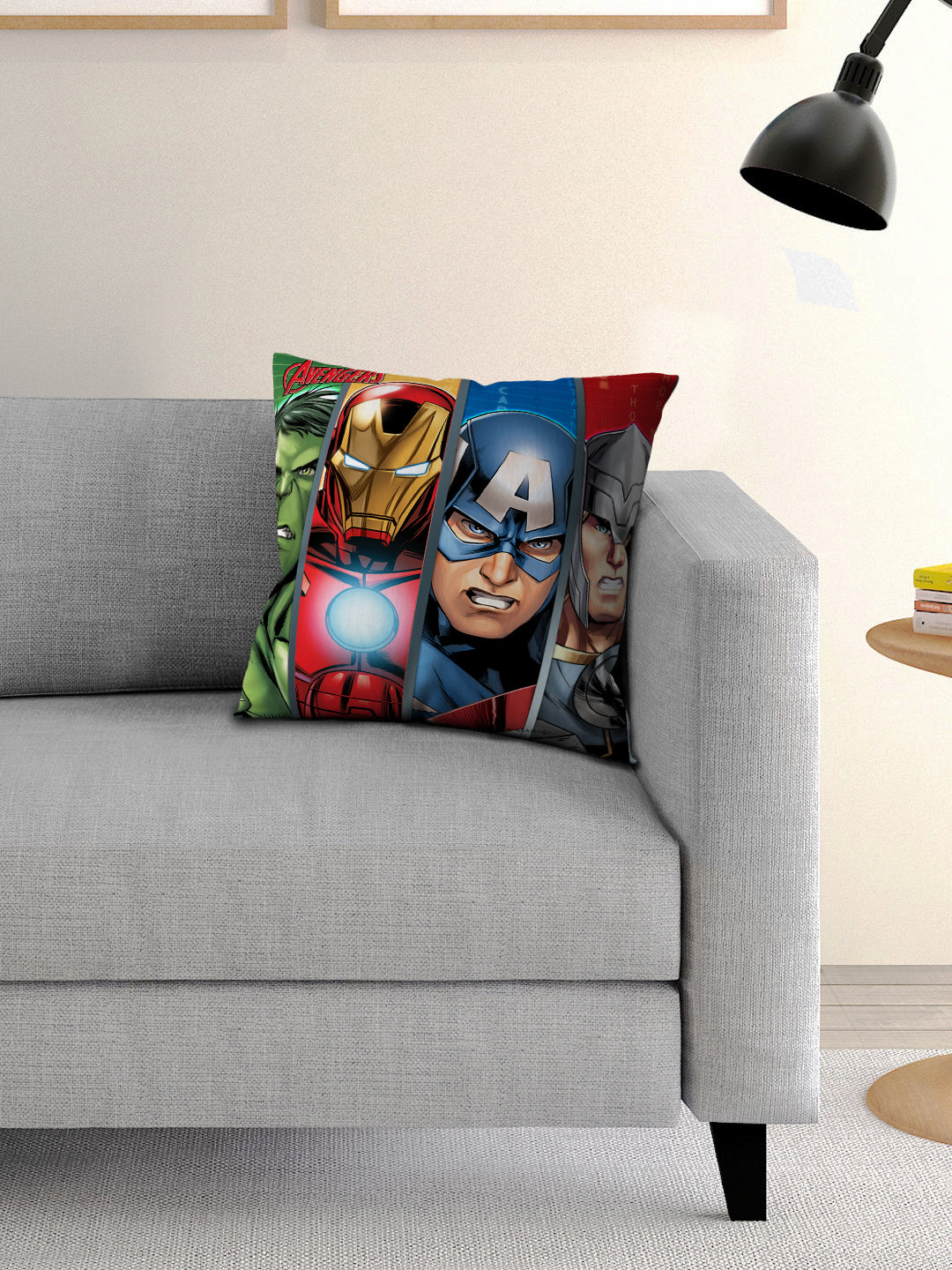 Marvel Avengers "Unite the Heroes" Kids Filled Cushion with Cover by Athom Living, featuring vibrant superhero prints, perfect for kids' rooms, play areas, or as a collectible gift for Marvel fans.