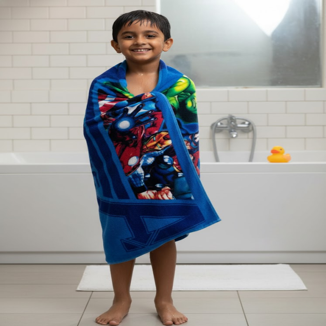 Marvel Avengers and Hulk kids combo by Athom Living with premium bath towel & carpet designed for daily use, offering quick drying towels and soft runner carpet ideal for kids rooms and bathrooms.