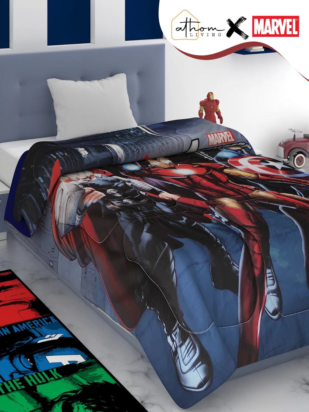 Marvel Avengers kids comforter with poly-fill, 360 GSM thickness, single size 135x220 cm, digital print design – cozy bedding by Athom Living.