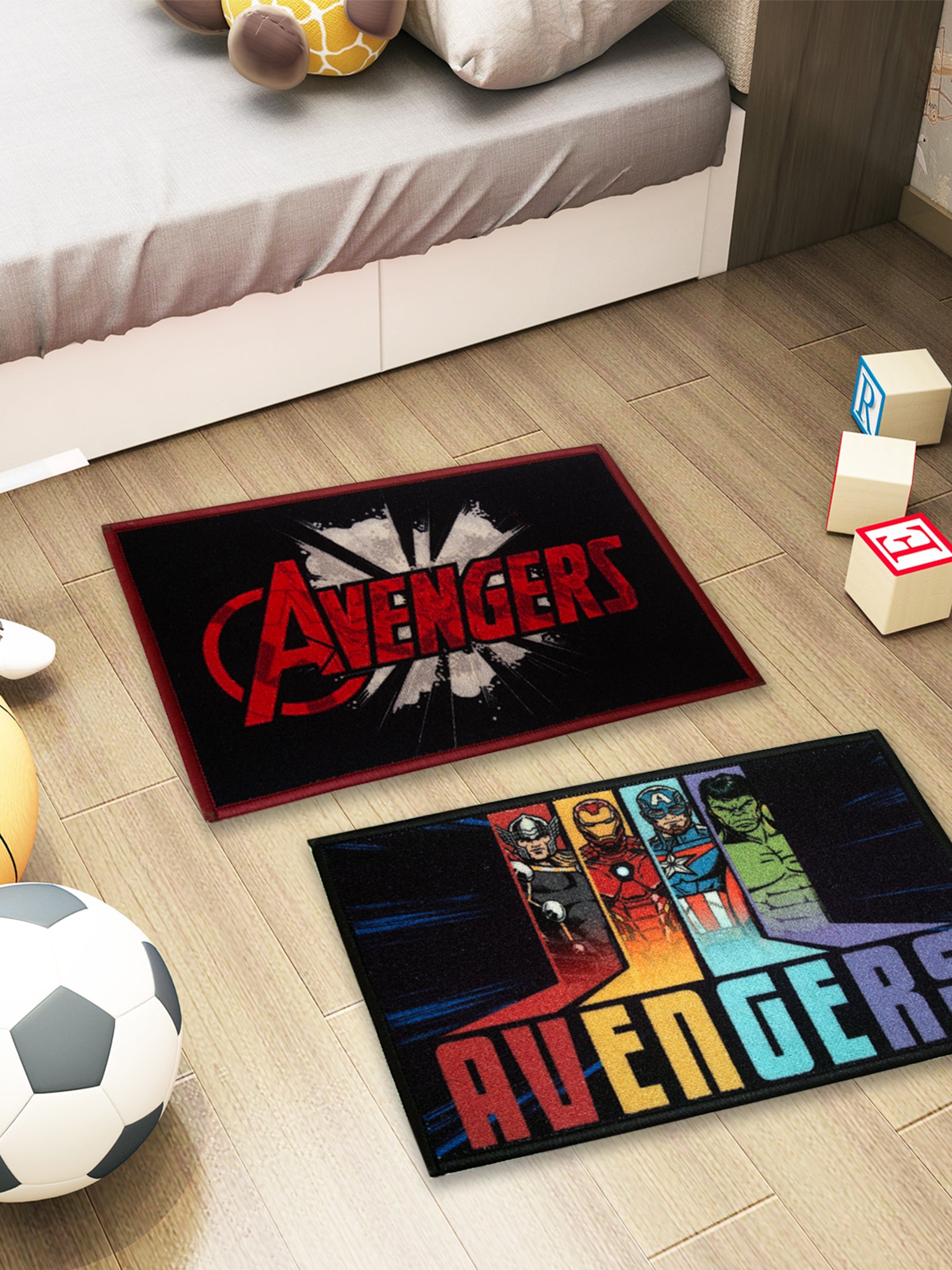 Marvel Avengers kids doormat in black and red with bold text print, latex backing, and anti-skid design, 37x57 cm, pack of 2.