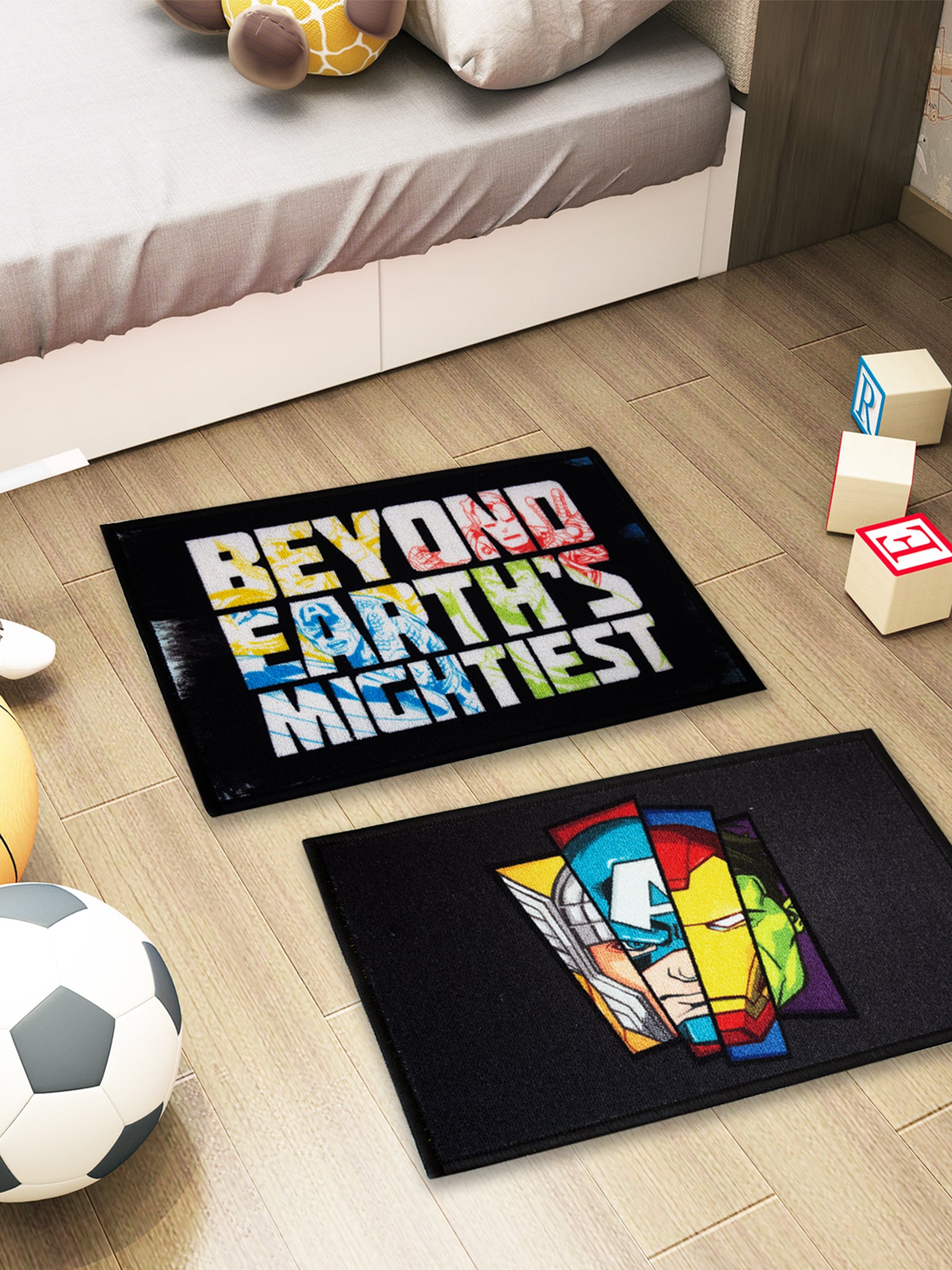 Marvel Avengers kids doormat set with multicolor print, latex backing, and anti-skid design – 37x57 cm, pack of 2.
