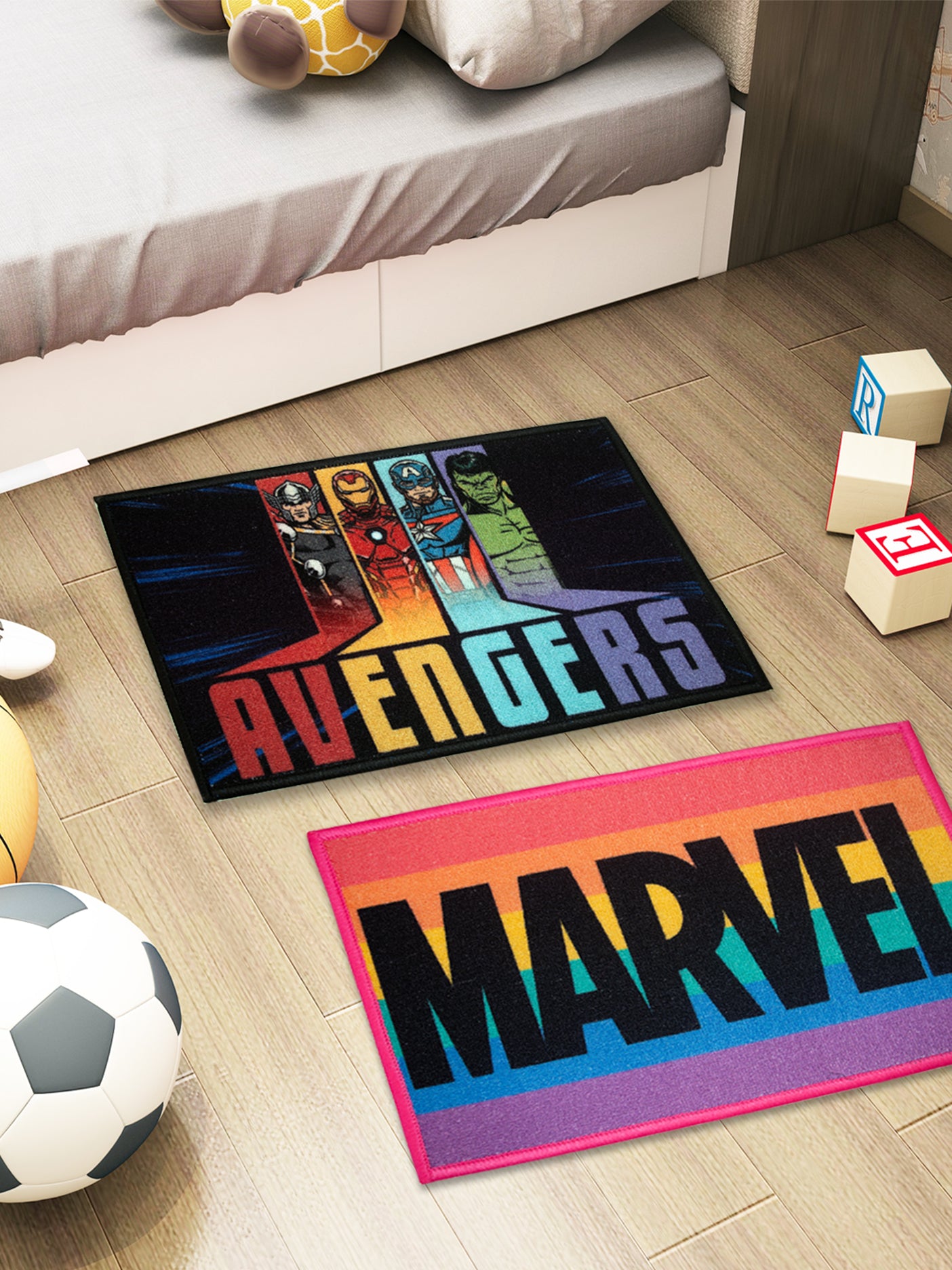 Marvel Avengers kids doormat with rainbow colors, anti-skid latex backing, premium nylon, 37x57 cm combo pack of 2.