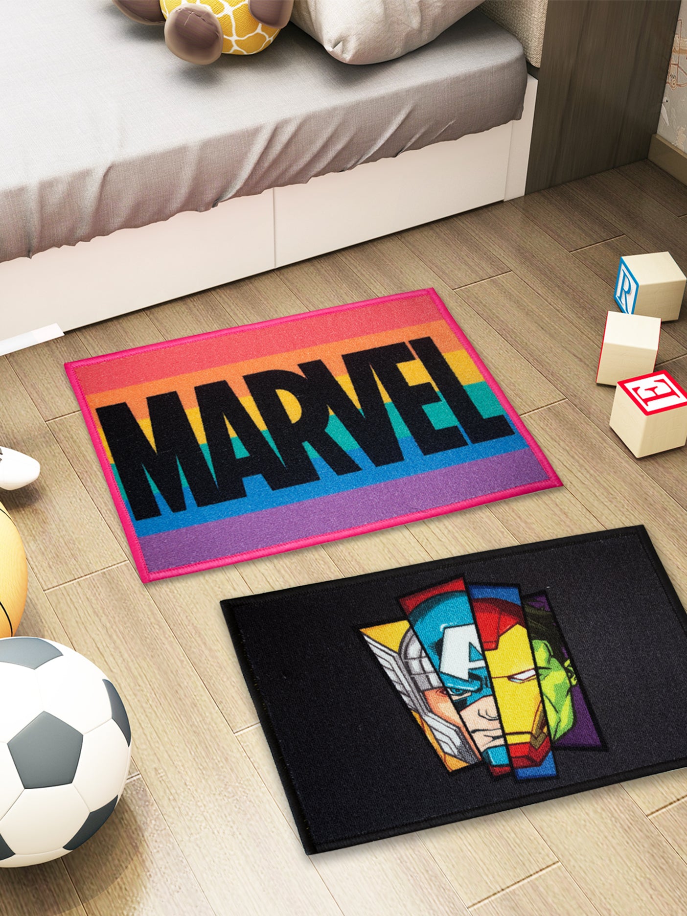 Marvel Avengers multicolor kids nylon doormat with anti-skid latex backing, 37x57 cm, pack of 2 – vibrant and durable.