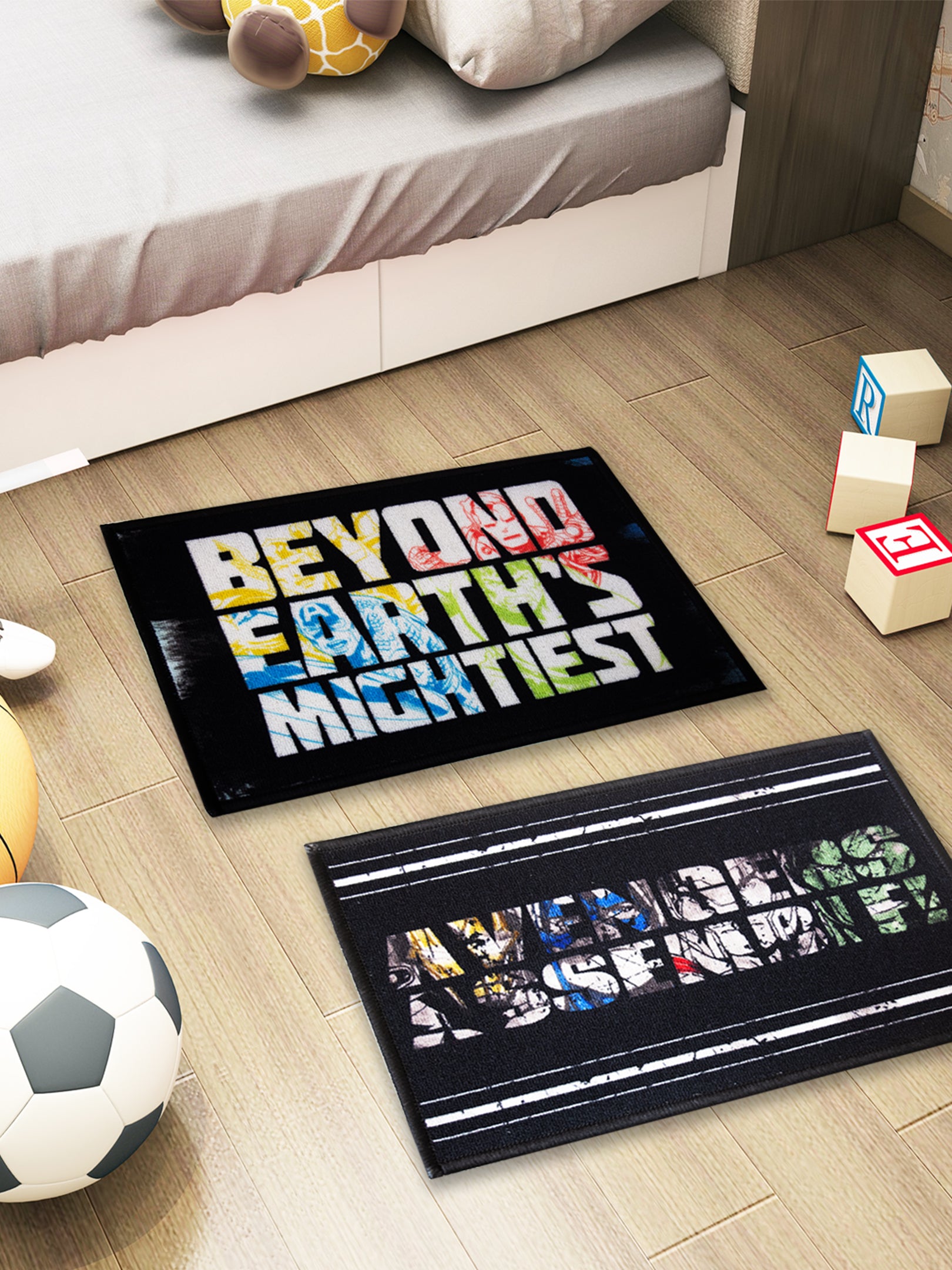 Marvel Avengers multicolor kids nylon doormat with text print, anti-skid latex backing, 37x57 cm, pack of 2.