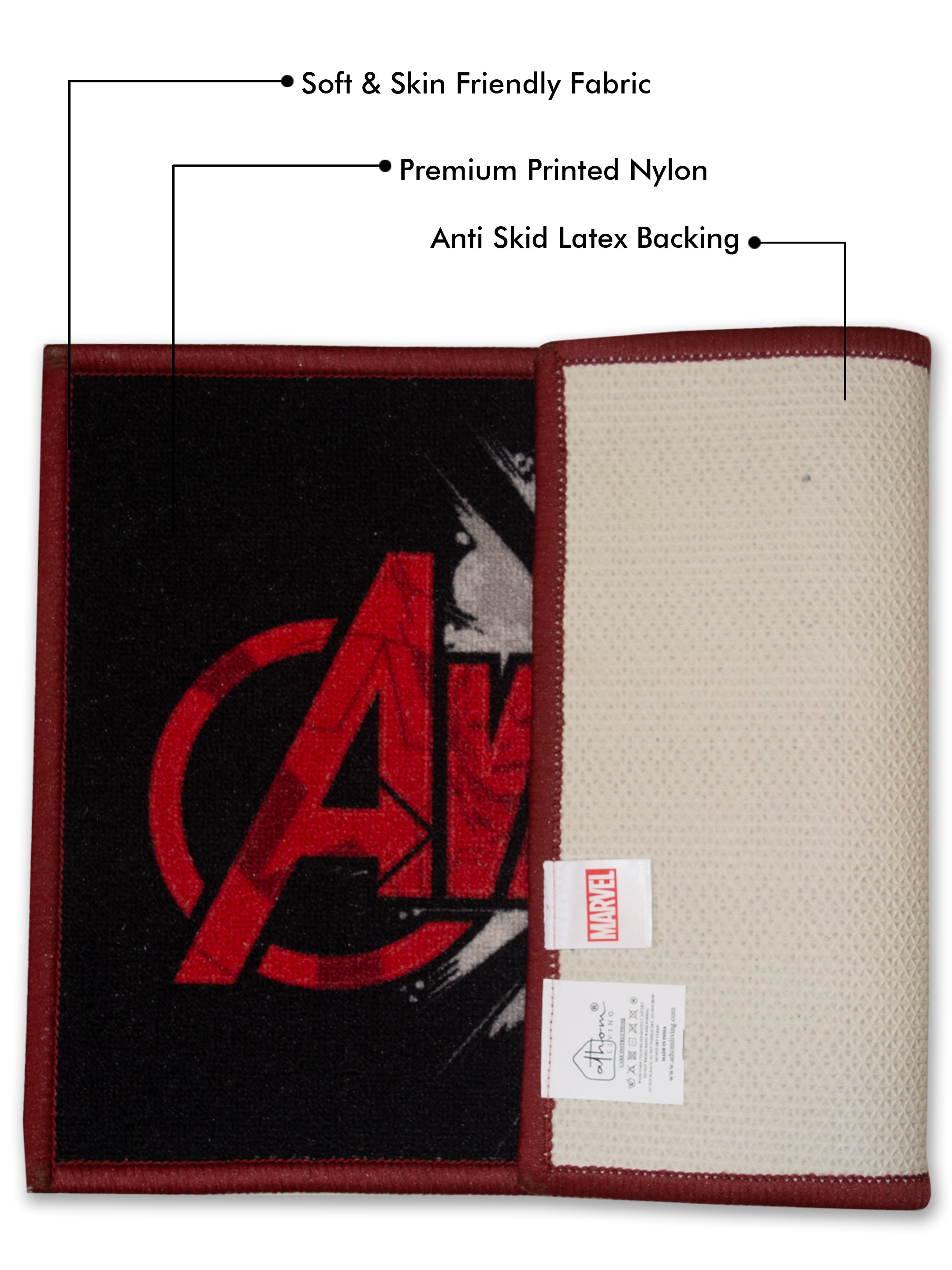 Marvel Avengers printed doormat for kids, black and red nylon with latex backing, anti-slip, 37x57 cm, pack of 2.

