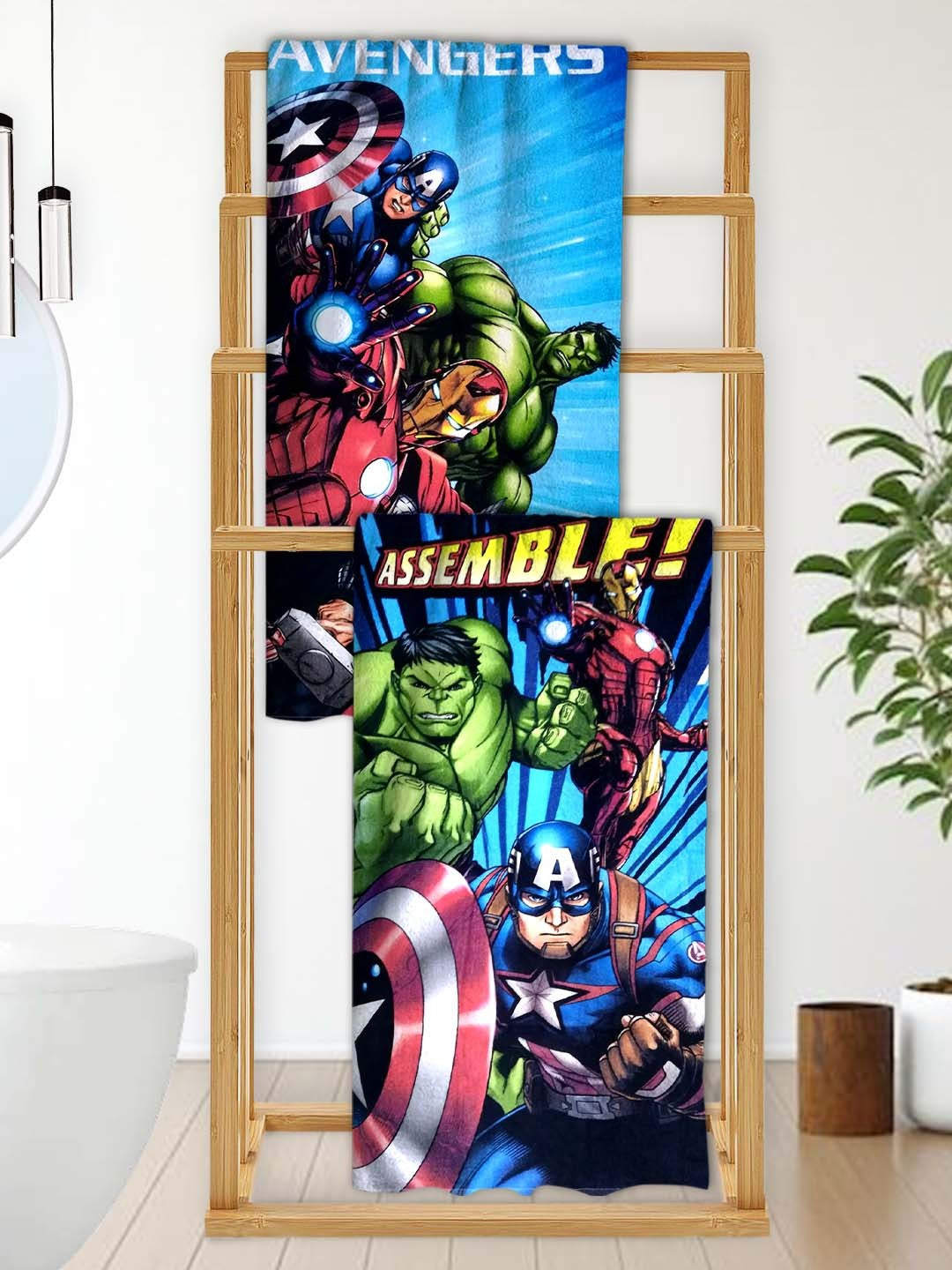 Marvel Avengers themed Kids Cotton Bath Towel combo pack by Athom Living featuring popular superheroes, designed for children with soft absorbent fabric, vibrant colors, and fun character prints for everyday bath use.