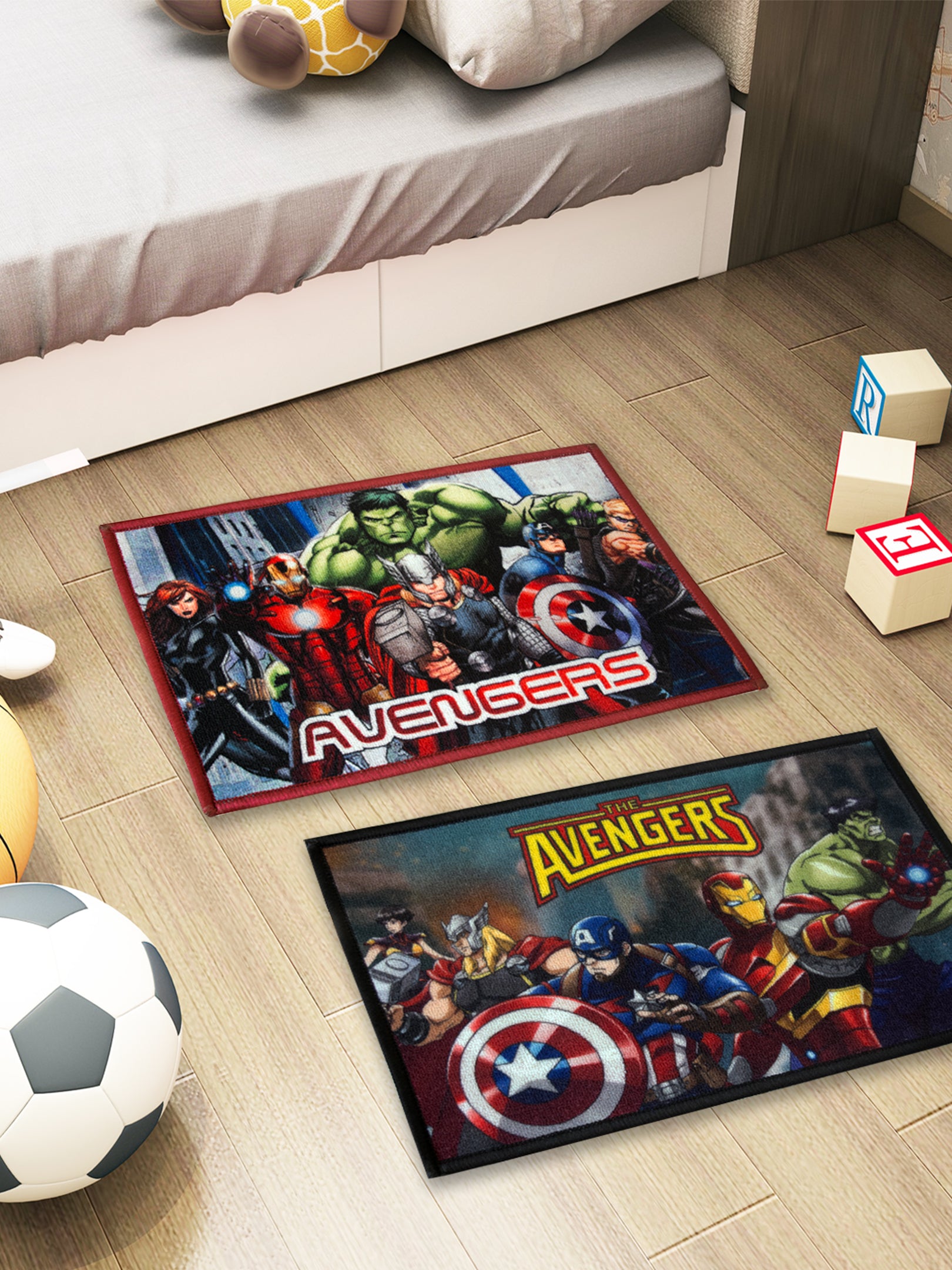 Marvel Avengers themed multicolor kids nylon doormat set of 2 with latex backing and anti-skid design, size 37x57 cm – Athom Living.

