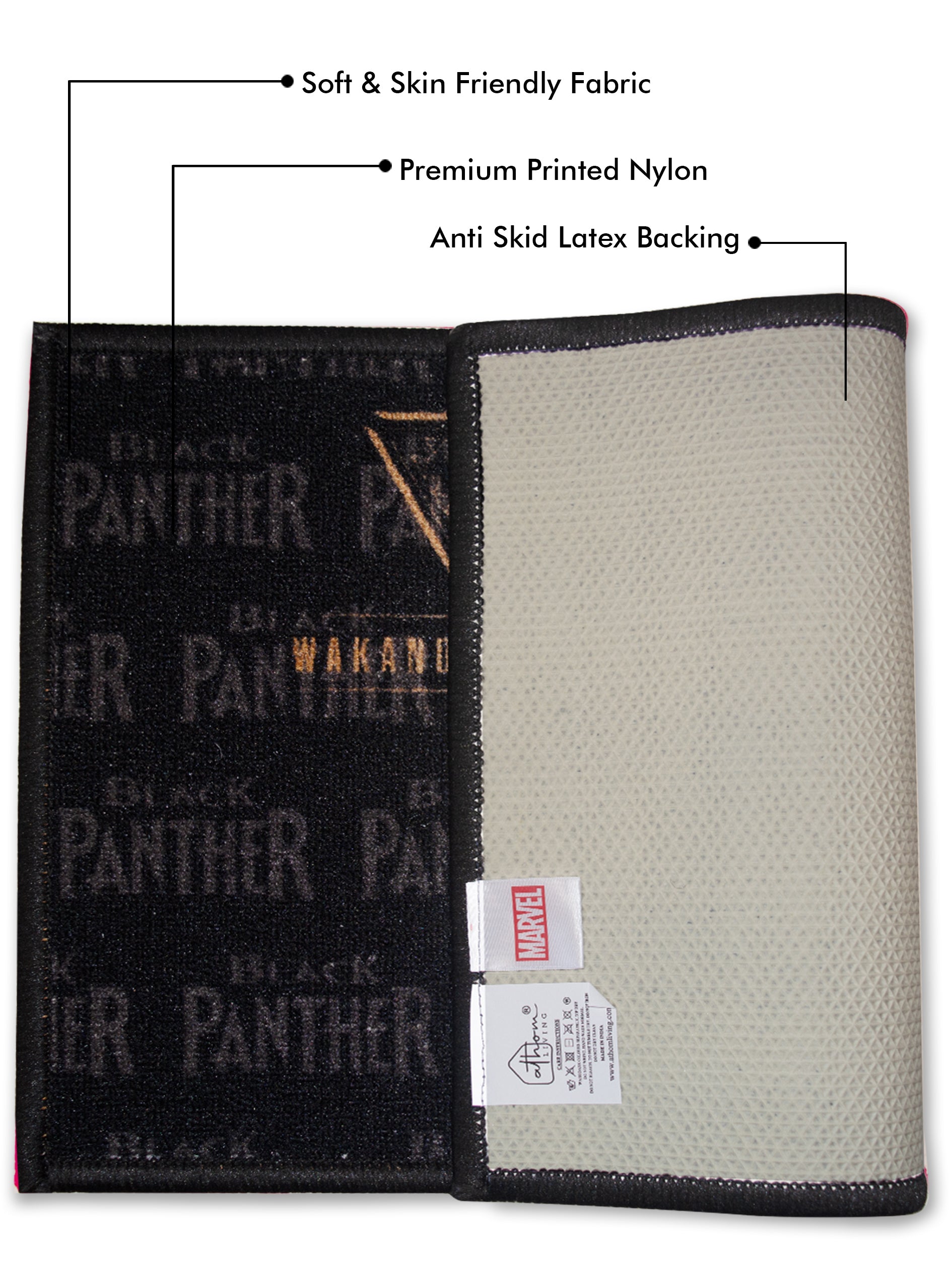 Marvel Black Panther black nylon doormat for kids, anti-skid latex base, 37x57 cm size, pack of 2.