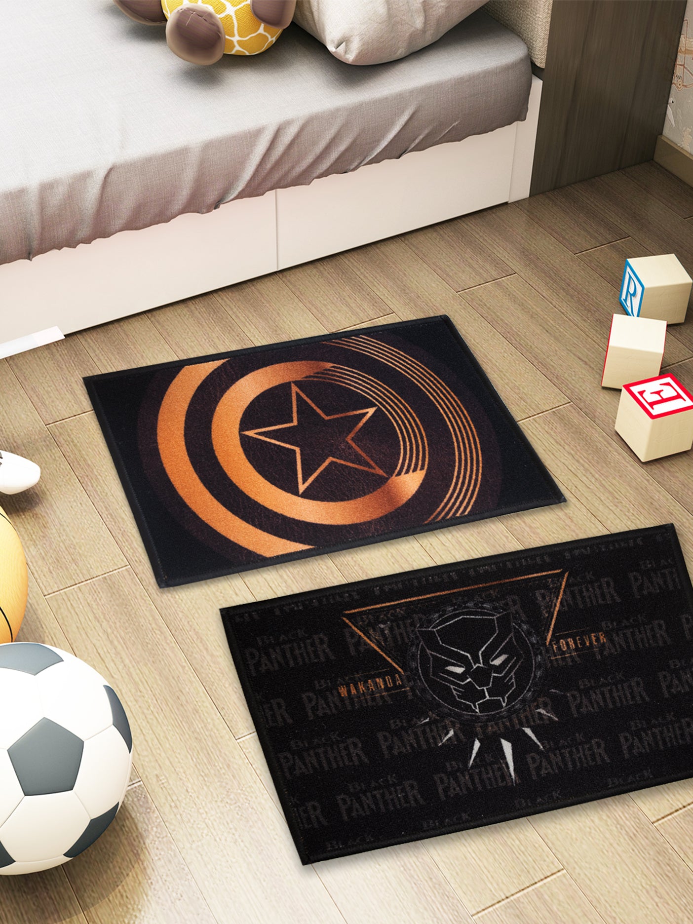 Marvel Black Panther kids premium nylon doormat with anti-skid latex backing – 37x57 cm, pack of 2, in black color.