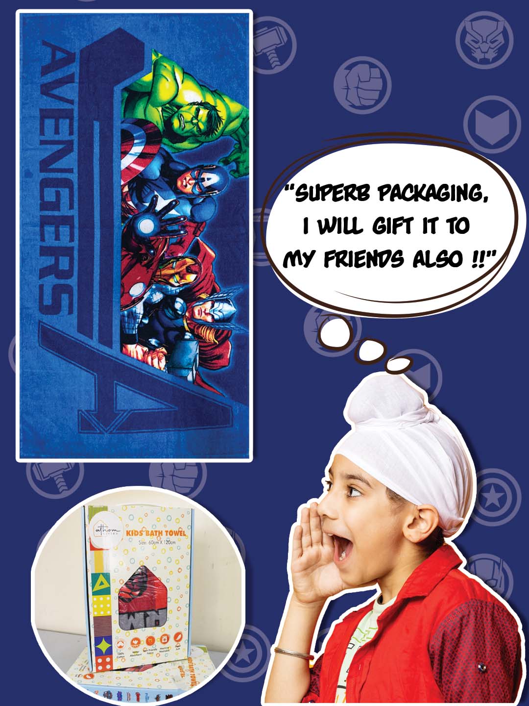 Marvel Blue Avengers cotton kids bath towel – absorbent, soft 350 GSM towel, ideal size 60x120 cm for children’s bath time.