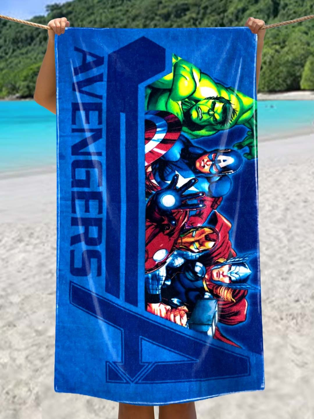 Marvel Blue Avengers kids cotton bath towel 60x120 cm – soft, absorbent, 350 GSM premium fabric for gentle skin care after bath.