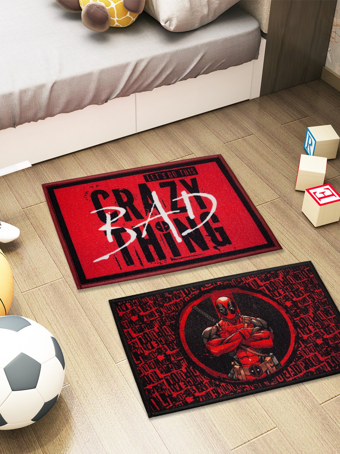 Marvel Deadpool red and black kids premium nylon doormat with latex backing, anti-skid design, 37x57 cm, pack of 2 by Athom Living.

