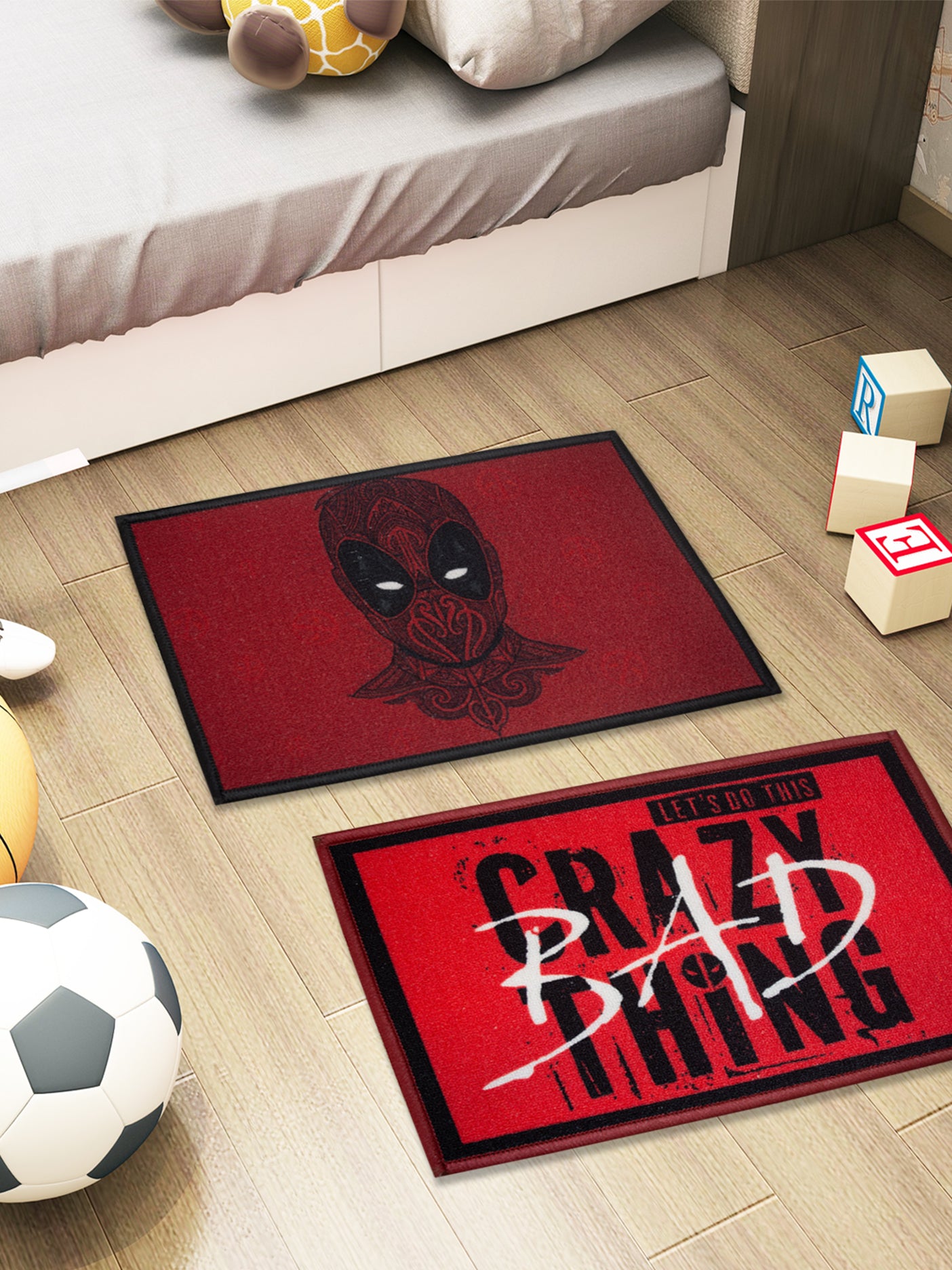 Marvel Deadpool red and black kids premium nylon doormat with latex backing, anti-skid design, pack of 2, size 37x57 cm.

