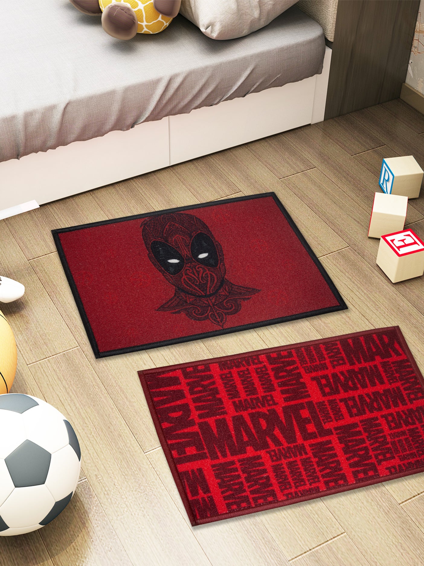 Marvel Deadpool red digital print kids premium nylon doormat with latex backing, anti-skid, 37x57 cm, pack of 2 – Athom Living.

