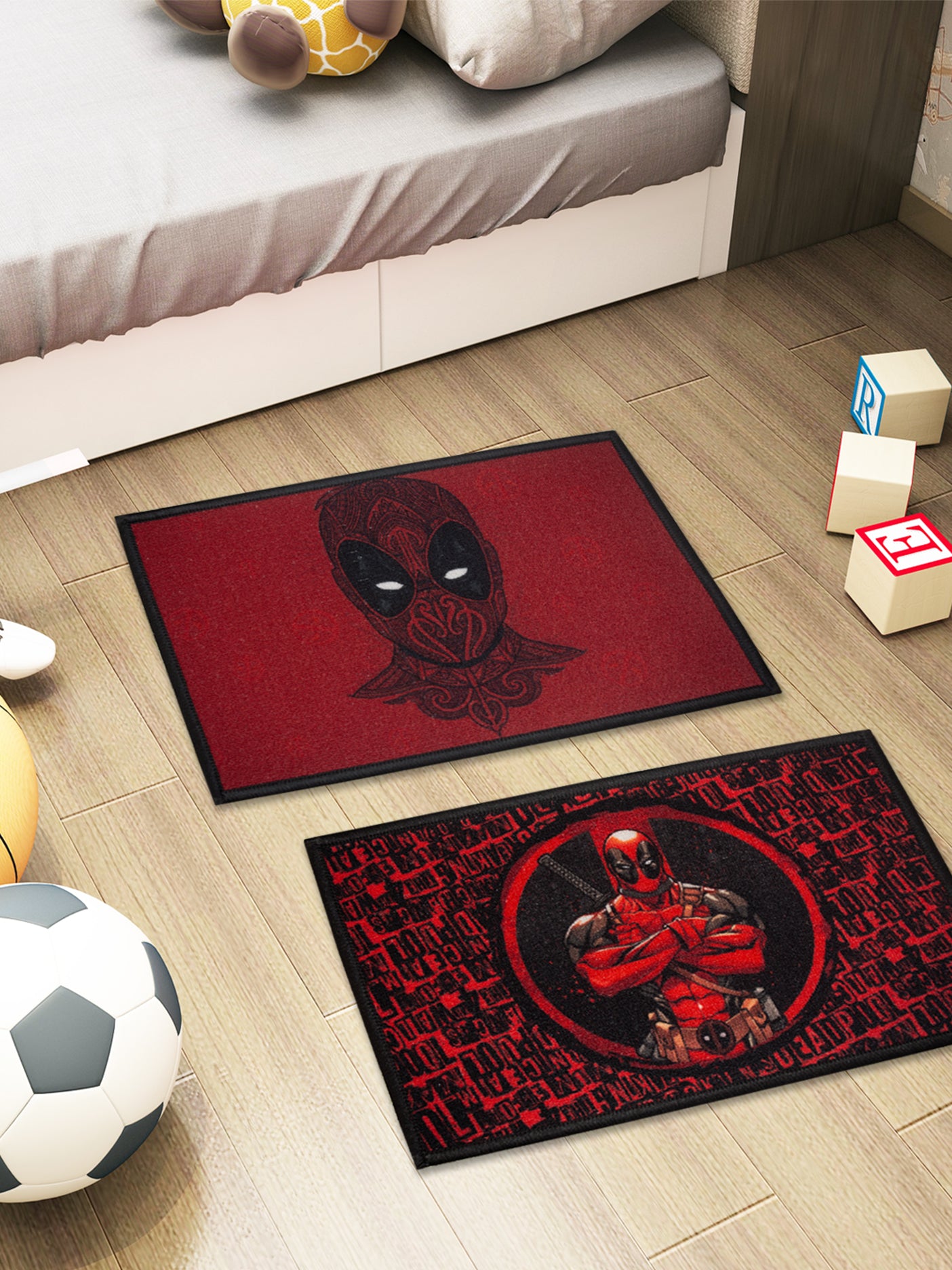 Marvel Deadpool red kids doormat combo pack of 2 with latex backing and anti-skid design, size 37x57 cm, premium nylon fabric.

