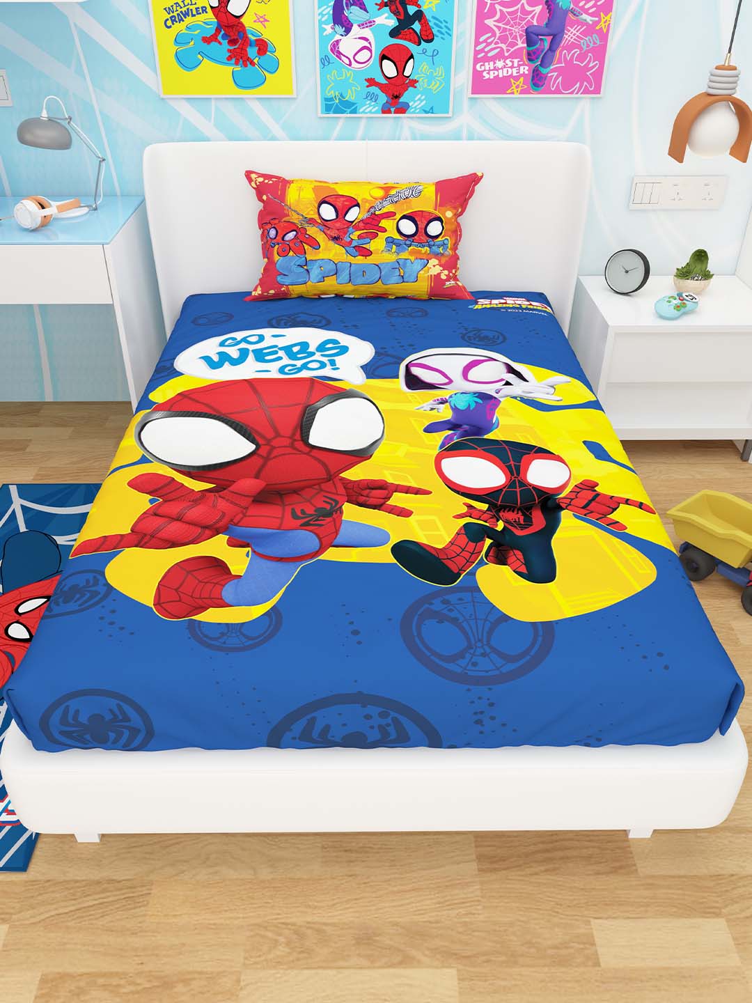 Marvel Go Webs Go Spiderman kids cotton single bedsheet with pillow cover by Athom Living, featuring vibrant superhero design perfect for boys’ bedroom décor and comfortable sleep.