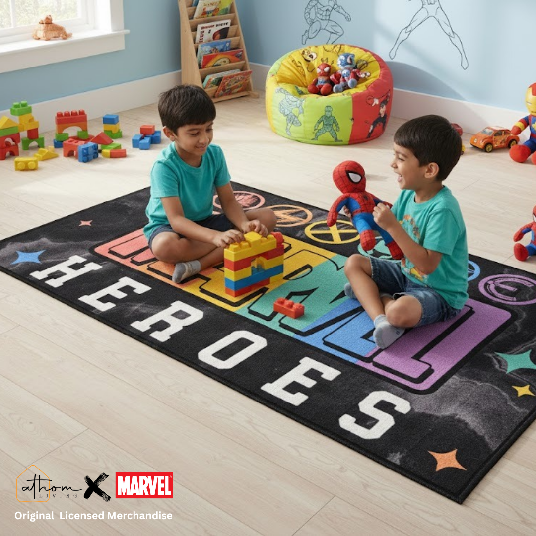 Marvel Heroes carpet by Athom Living showcasing Spider-Man, Iron Man, and more, designed to add fun and excitement to any kid’s bedroom or playroom, measuring 90x150cm.