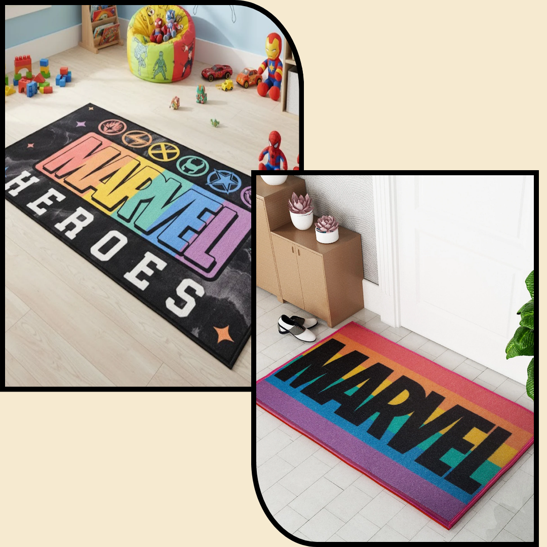 Marvel Heroes themed anti skid carpet & doormat combo by Athom Living for kids rooms, featuring bold superhero prints, strong grip backing, safe flooring support, vibrant colors, and playful décor appeal.