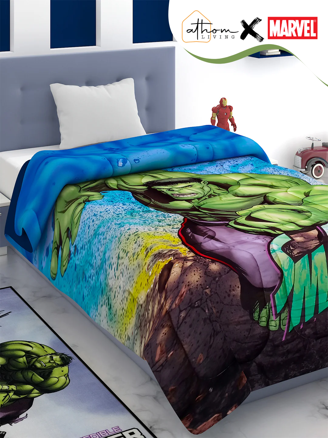 Marvel Hulk kids comforter single size 135x220 cm with soft poly-fill, 360 GSM thickness and vibrant digital print for cozy superhero dreams.