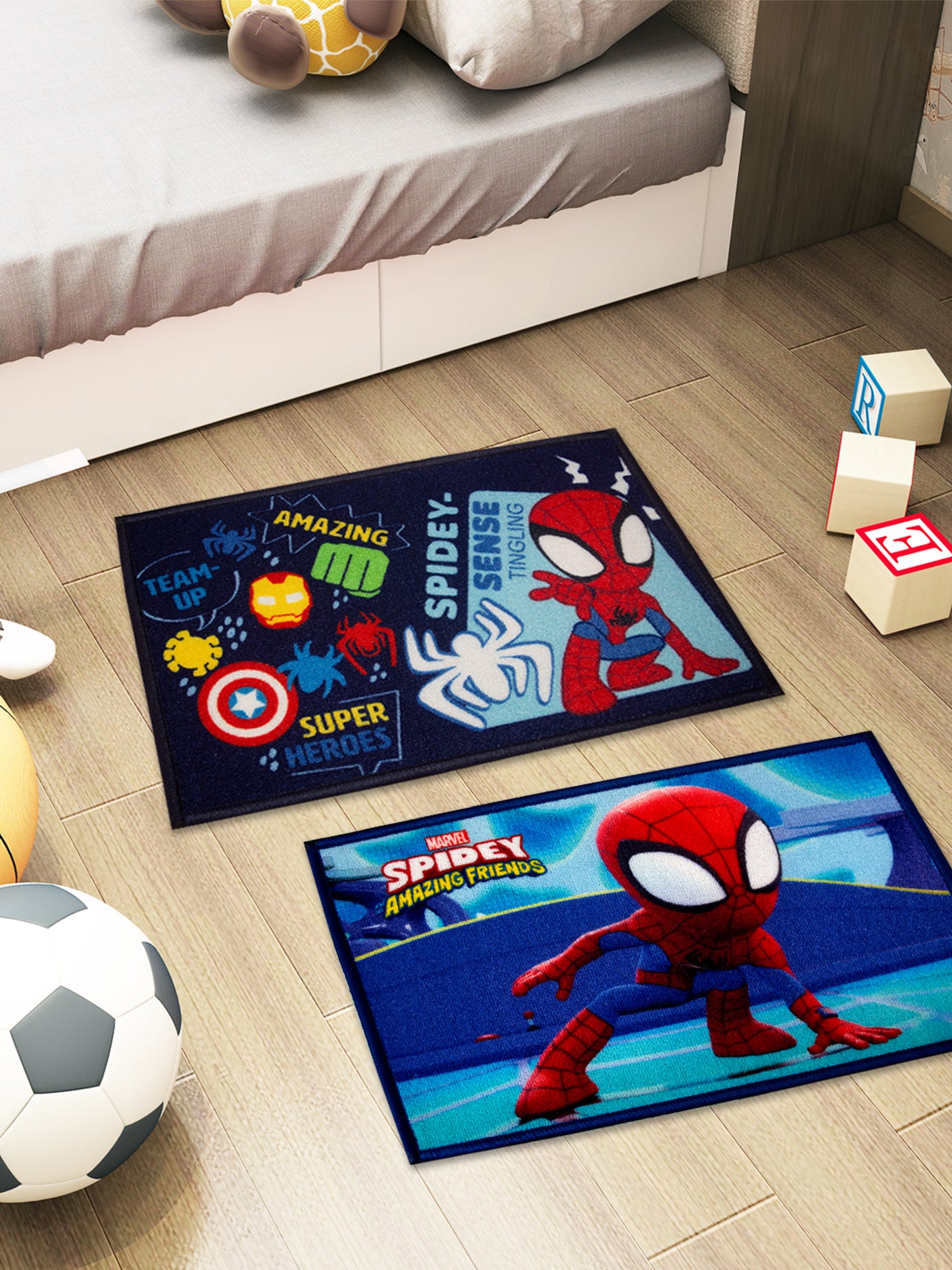Marvel Little Spidey multicolor premium nylon kids doormat with latex backing, anti-skid, 37x57 cm, pack of 2 from Athom Living.


