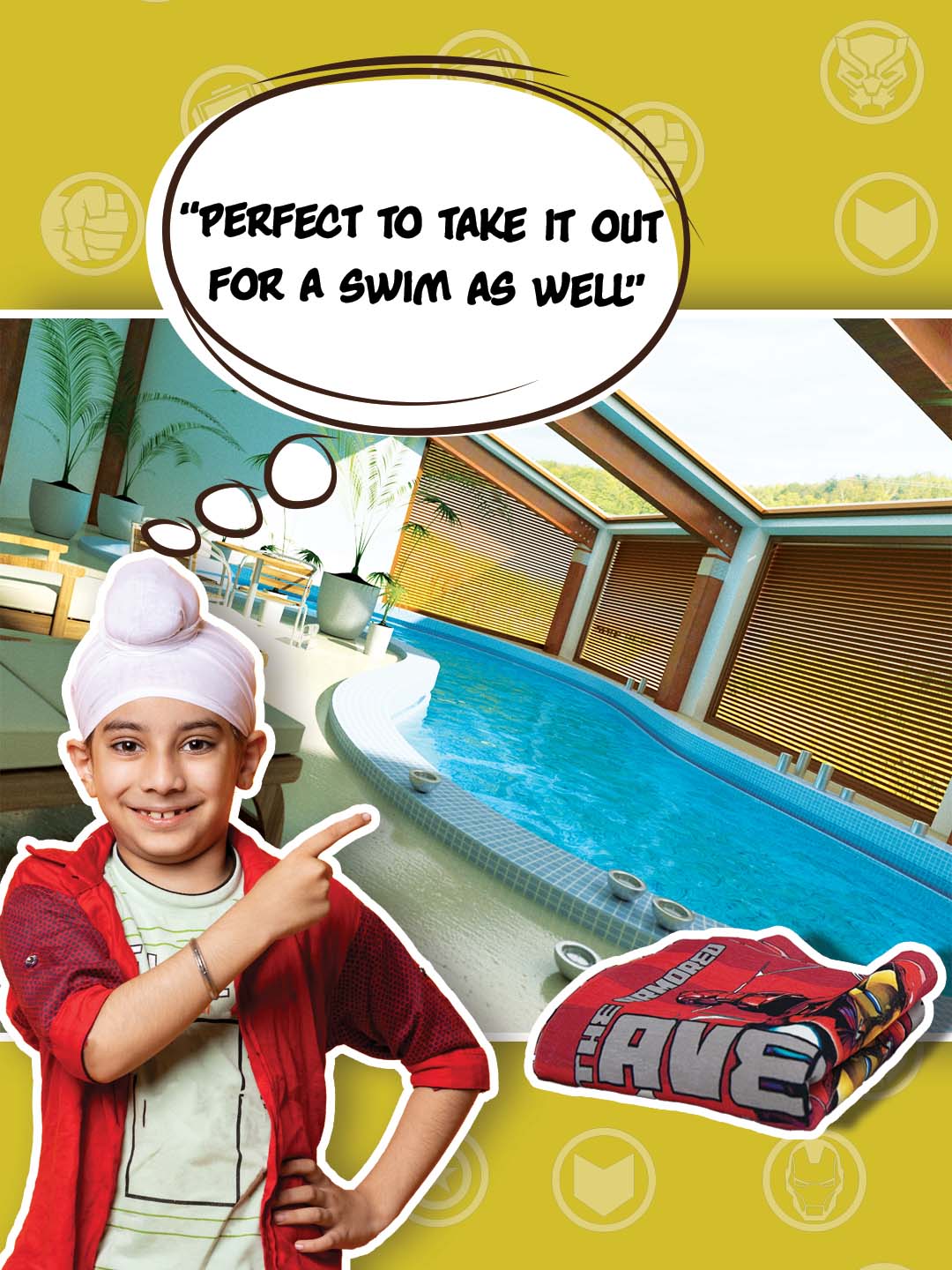 Marvel Red Avengers kids bath towel 350 GSM, 60x120 cm, crafted for ultimate softness and absorbency, ideal for bath time, swimming, or pool days, designed with vibrant superhero prints.