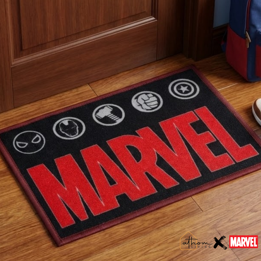 Marvel Red “Legendary Weapons” Anti-Skid Kids Doormat by Athom Living featuring bold Marvel weapon graphics, vibrant red color, durable anti-slip backing, and kid-safe design perfect for bedrooms, playrooms, and entryways.