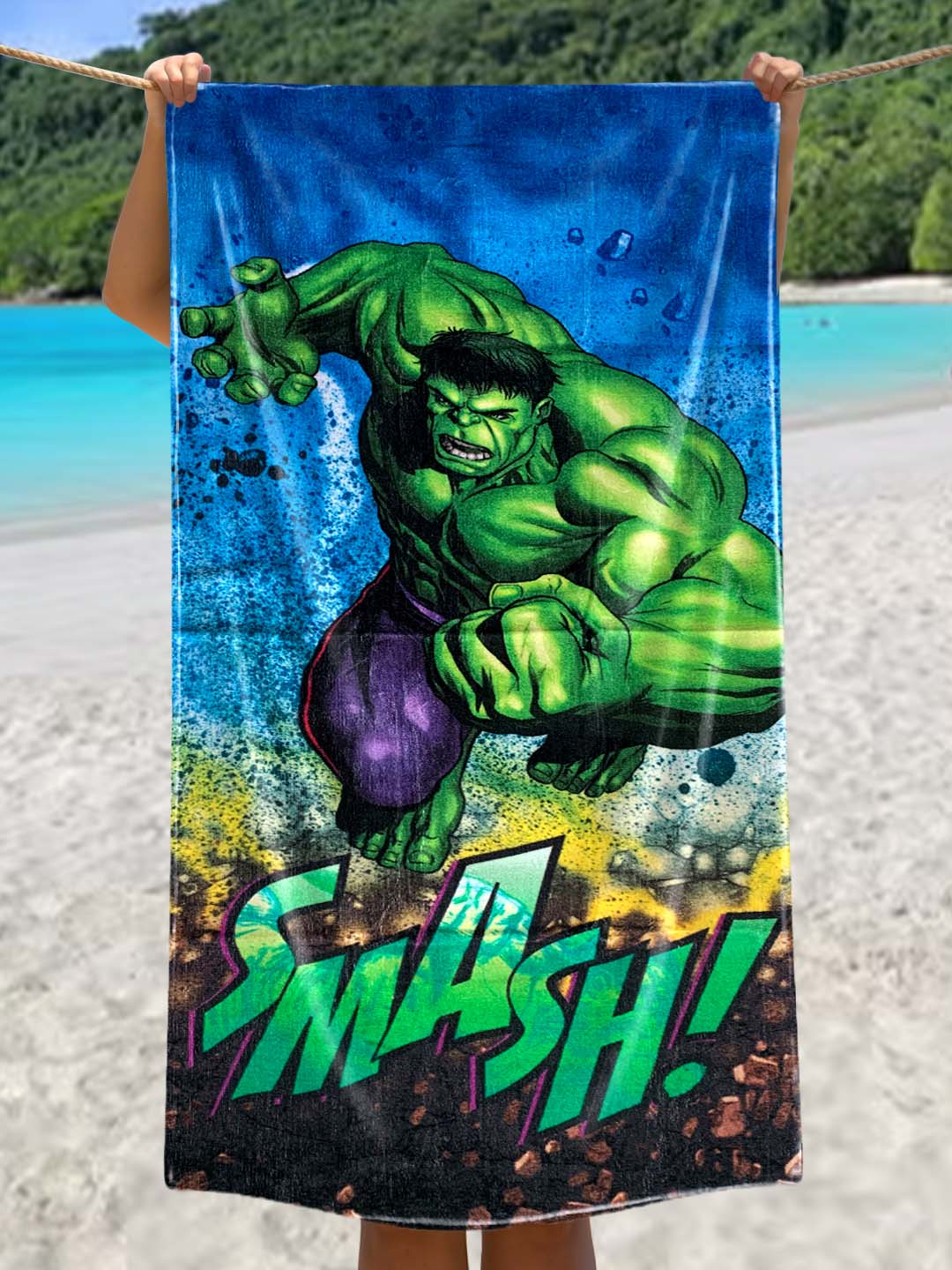 Marvel Smash Hulk Kids Cotton Bath Towel – 350 GSM, 60x120 cm. Soft, absorbent, quick-dry towel for kids, perfect for daily bath time.