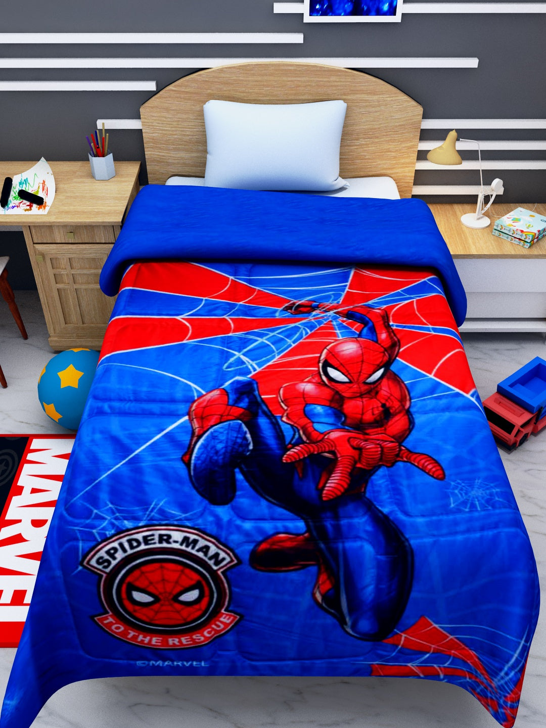Marvel Spider-Man "To the Rescue" design kids comforter, soft and breathable, ideal for kids’ bedrooms, gifting, and year-round comfort.