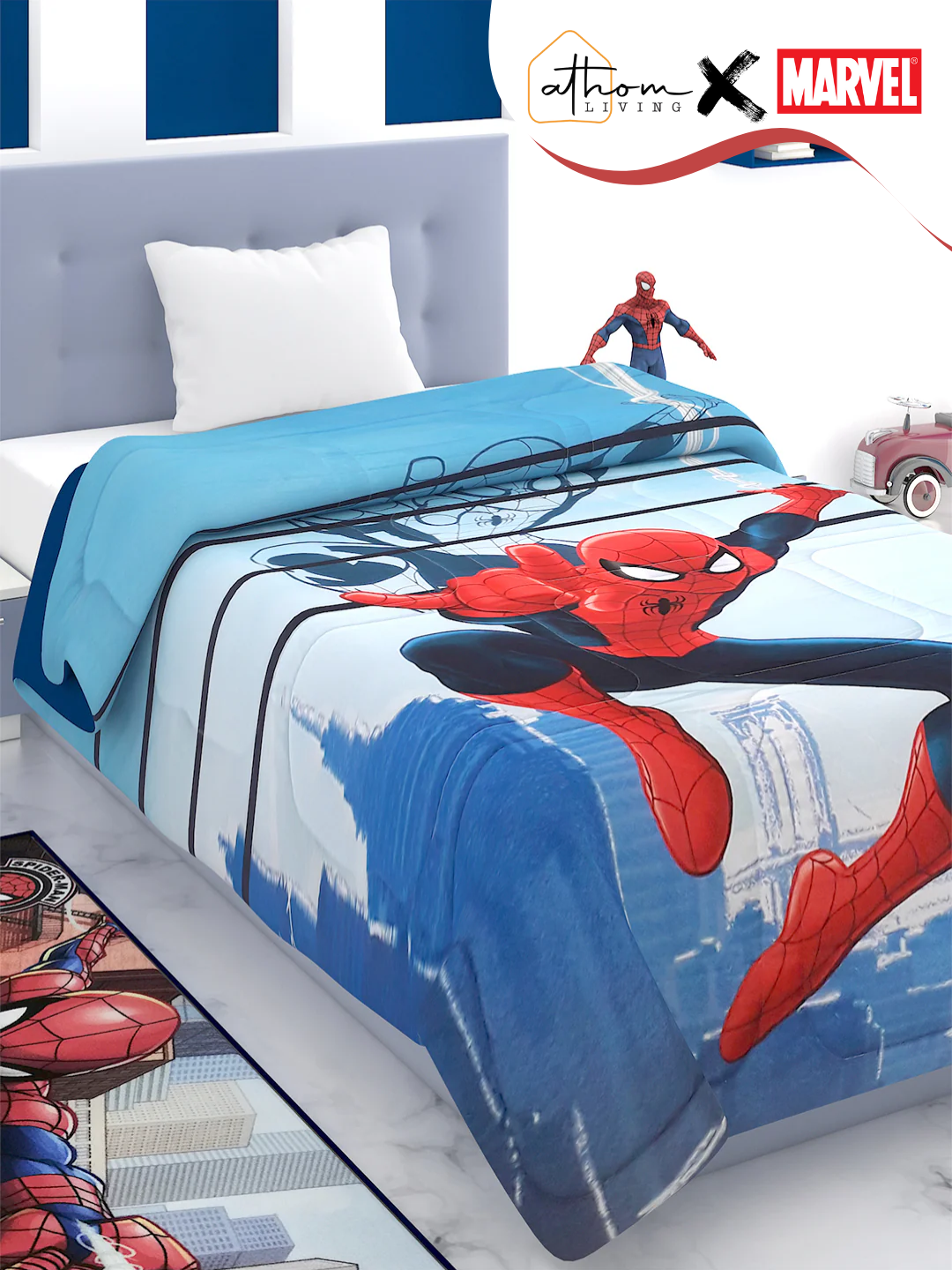Marvel Spider-Man kids comforter single size 135x220 cm with soft poly-fill, 360 GSM thickness, and high-resolution digital print for cozy nights.