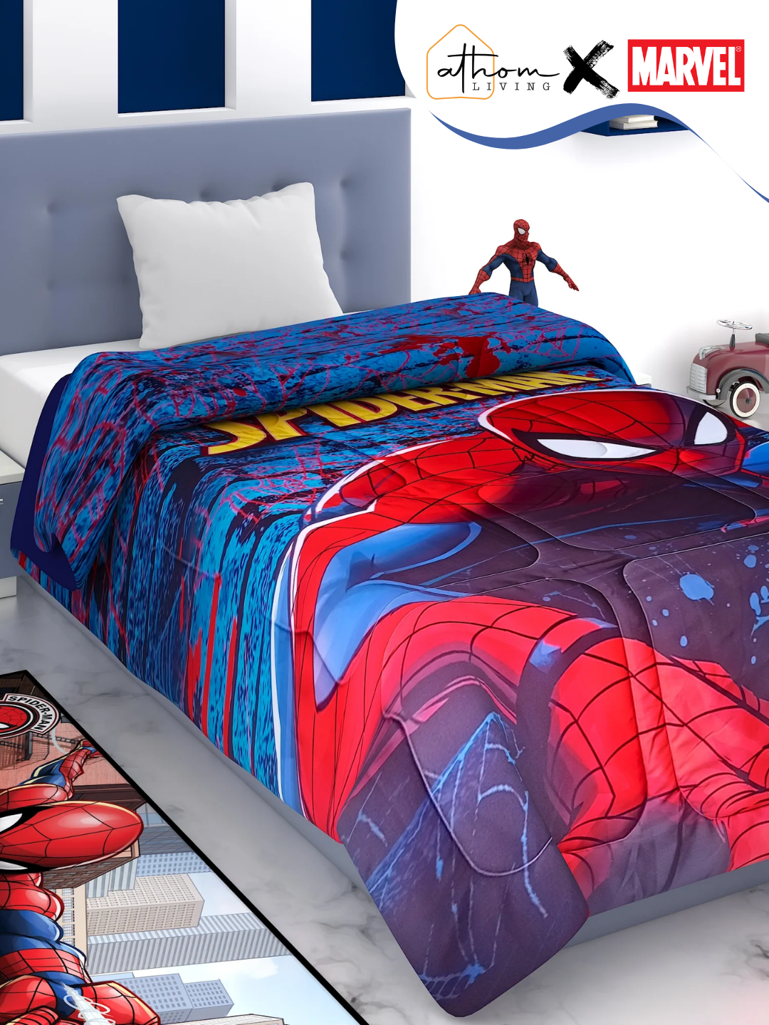 Marvel Spider-Man kids comforter, single size 135x220 cm with soft poly-fill, 360 GSM thickness, cozy bedding with digital print design by Athom Living.