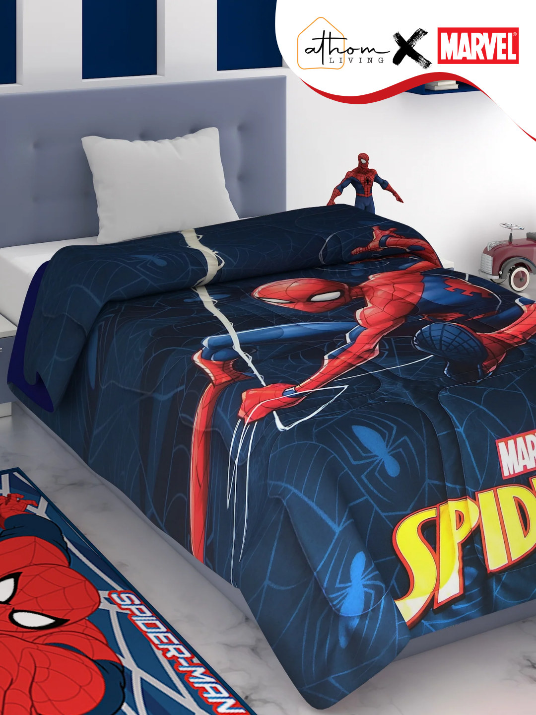 Marvel Spiderman Adventure kids comforter, single size 135x220 cm with 360 GSM poly-fill, soft cozy bedding, high-resolution digital print by Athom Living.