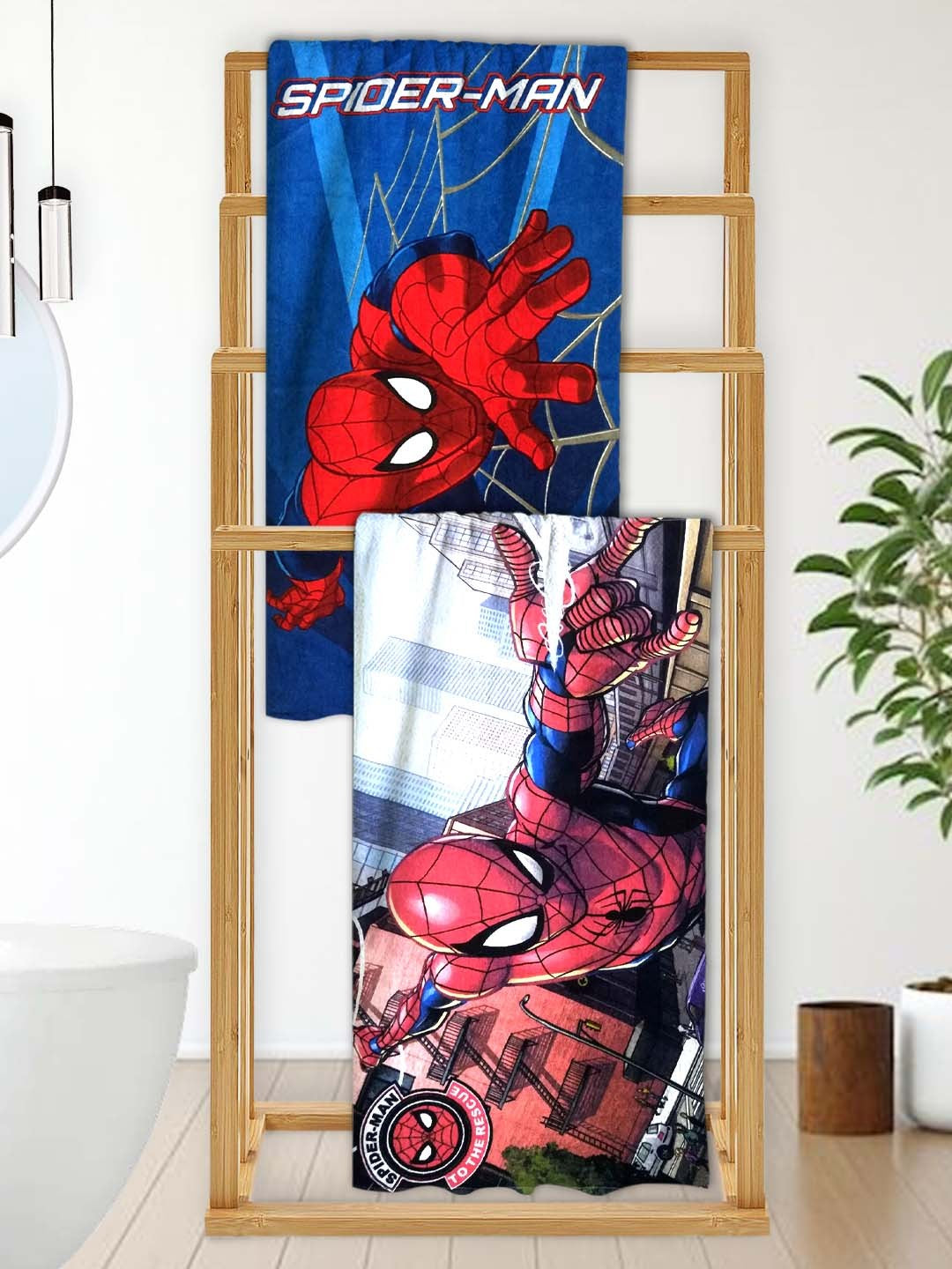 Marvel Spiderman Web-Slinging Fun Kids Bath Towel Combo-Pack of 2 by Athom Living featuring vibrant superhero prints, soft fabric, and high absorbency, making it a perfect Kids Cotton Bath Towel for daily bath time fun.
