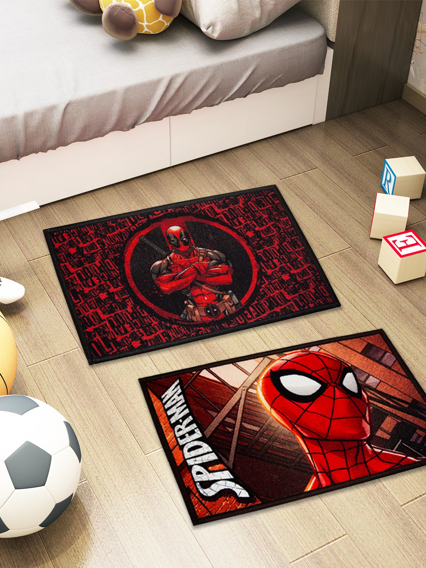 Marvel Spiderman and Deadpool kids doormat, premium nylon, anti-skid, latex backing, multicolor, pack of 2, 37x57 cm.

