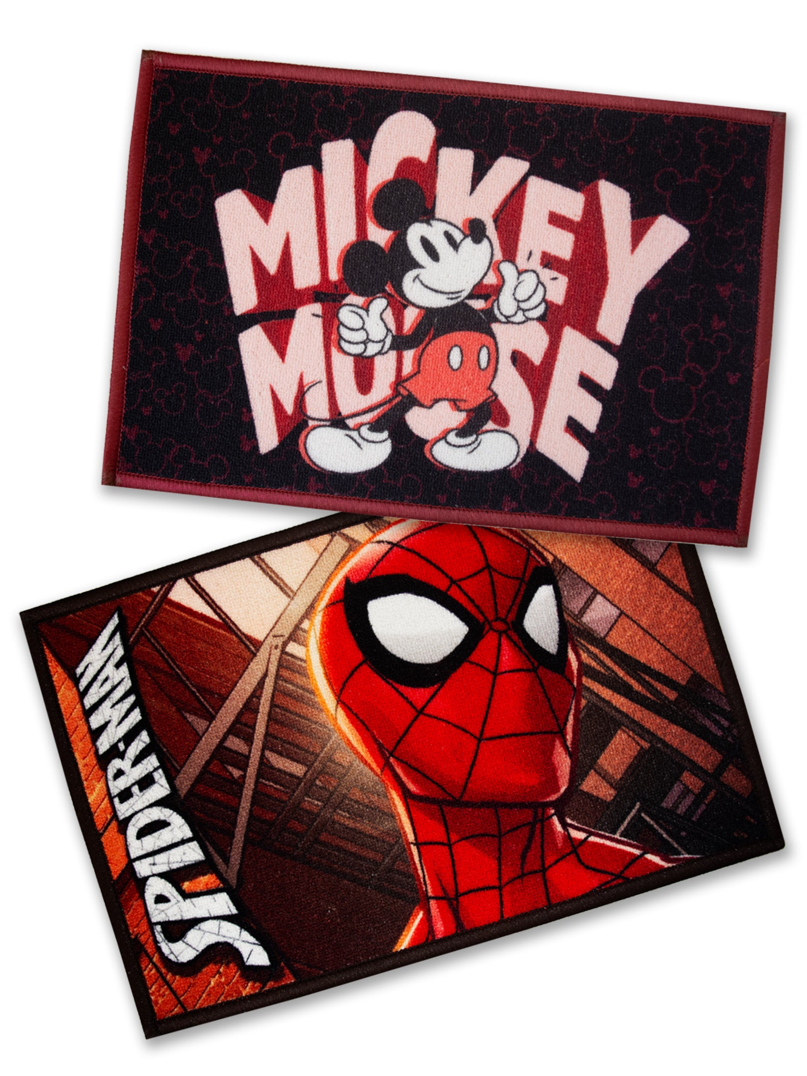 Marvel Spiderman and Disney Mickey Mouse kids doormat set of 2, multi-color premium nylon mats with anti-slip latex backing for home use.
