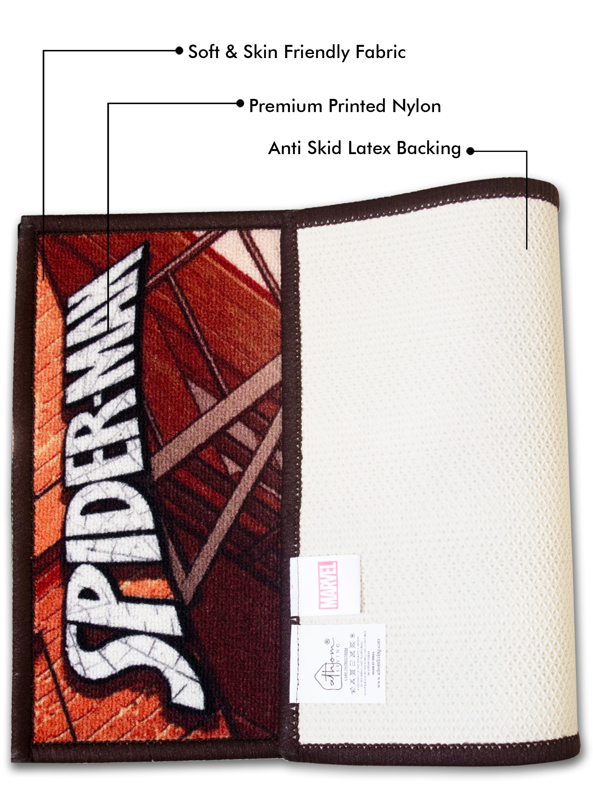 Marvel Spiderman kids doormat in red textured design, premium nylon, anti-slip latex backing, 37x57 cm, 2-piece set.

