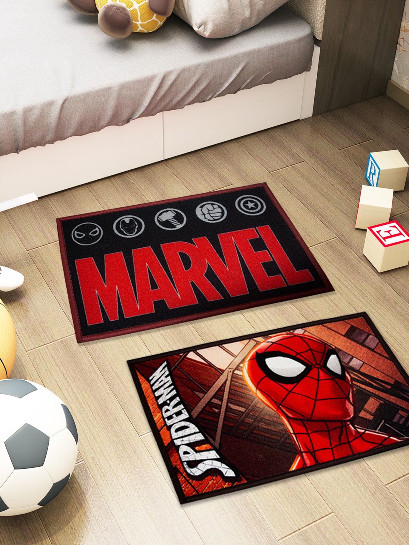 Marvel Spiderman red texture kids doormat with latex backing and anti-skid design, premium nylon, pack of 2.


