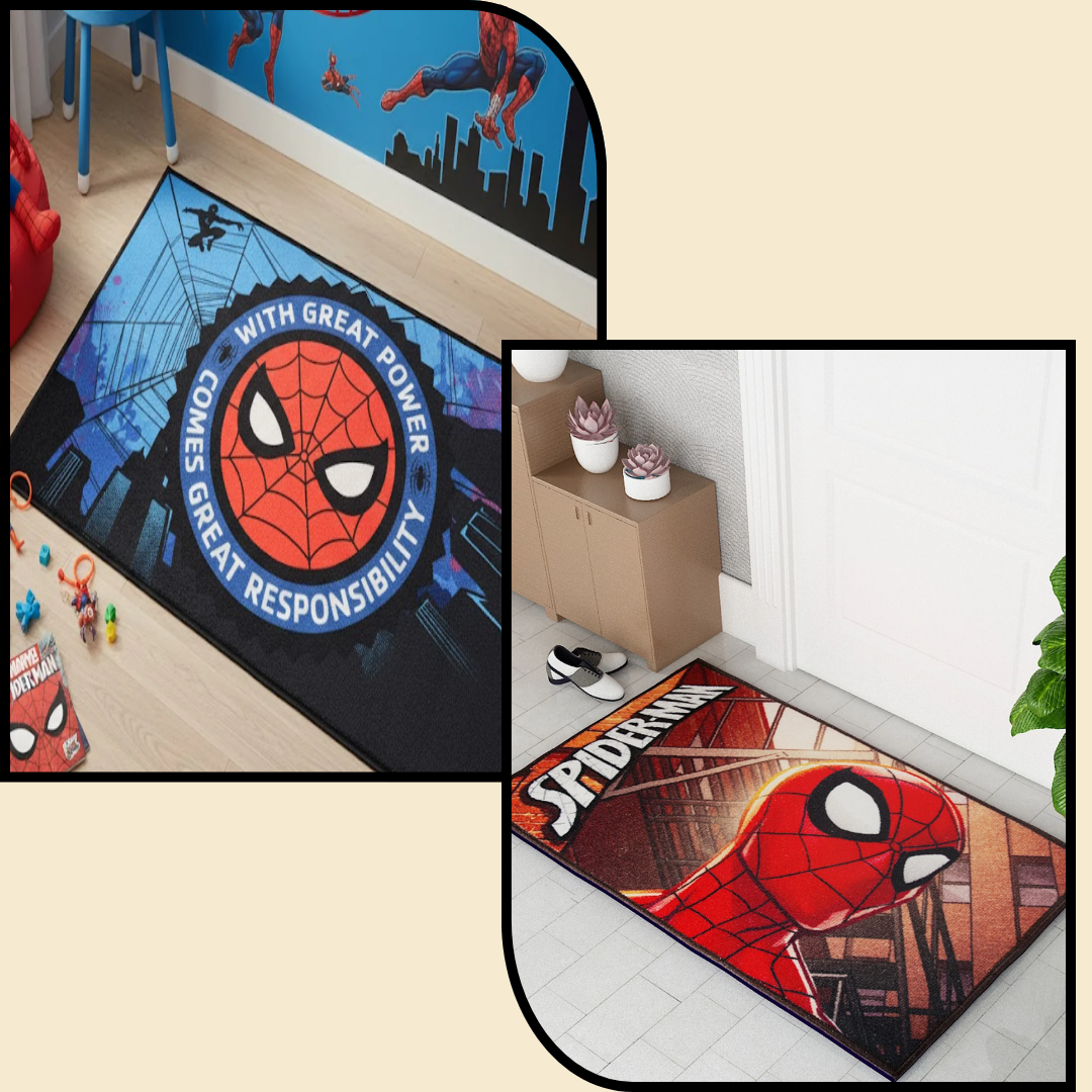Marvel Spiderman themed anti skid carpet & doormat combo perfect for kids’ rooms, featuring vibrant colors, durable material, and safe non-slip backing, ideal for play areas and bedrooms.