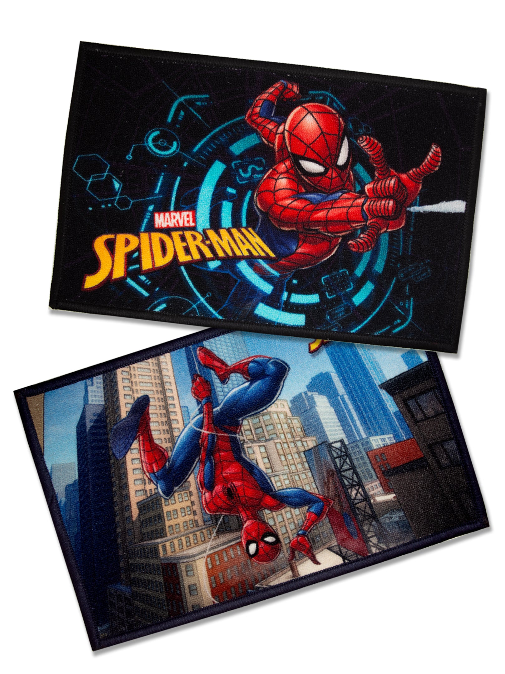 Marvel Spiderman themed kids nylon doormat set by Athom Living, anti-skid latex backing, durable, stylish, washable, combo of 2, 37x57 cm, multicolor.
