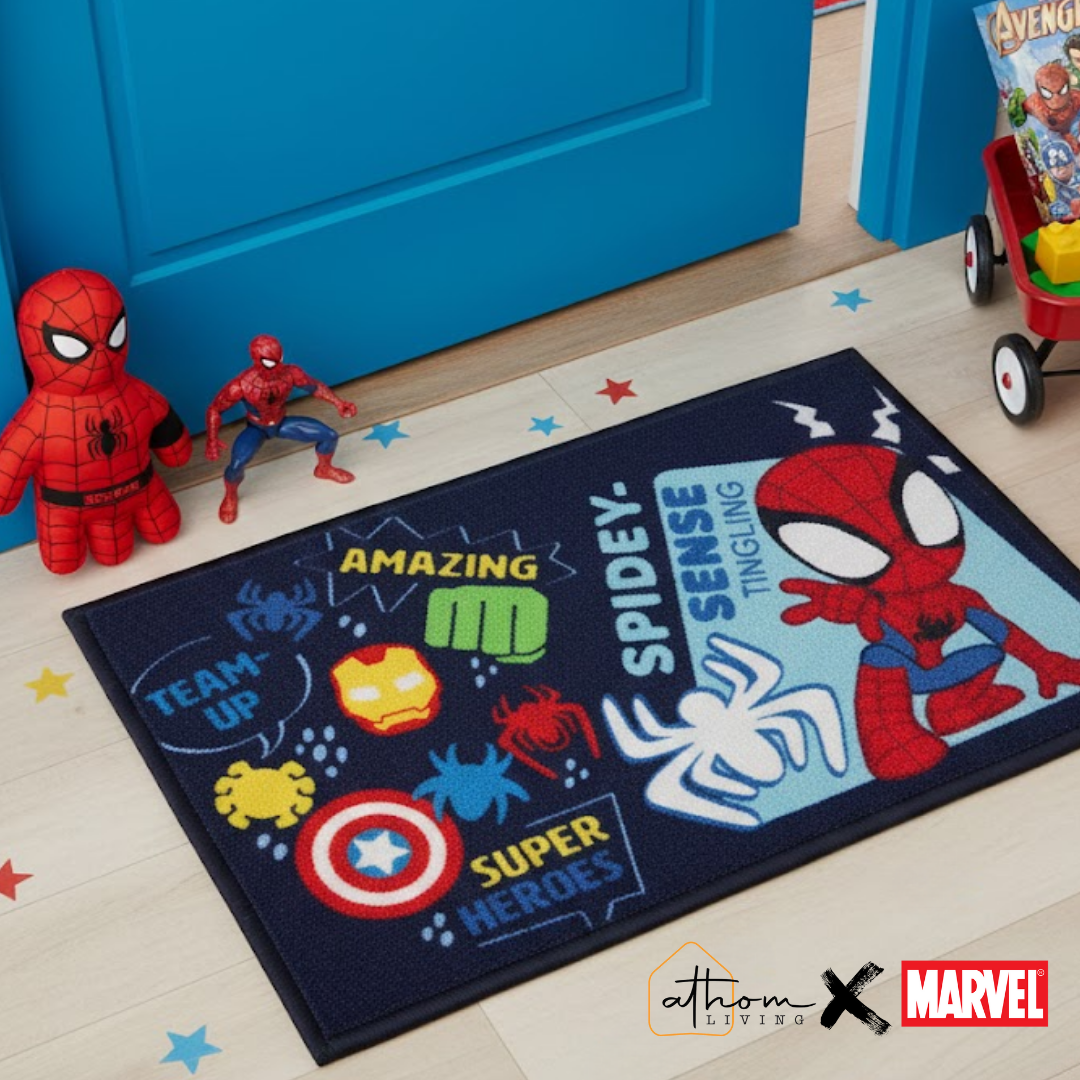 Marvel "Spidey-Sense Tingling" Anti Skid kids Doormat by Athom Living, perfect for kids’ rooms, featuring vibrant superhero design and durable, non-slip backing for safe indoor use.