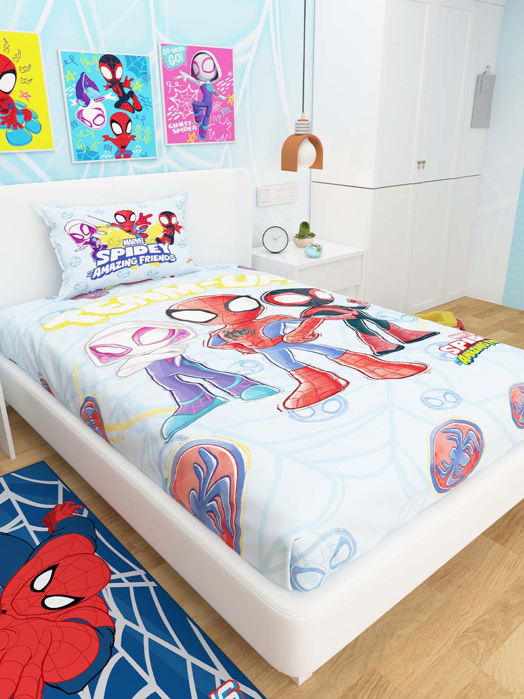 Marvel Spidey Amazing Friends themed kids cotton single bedsheet by Athom Living, showcasing colorful superhero prints with a comfortable pillow cover, perfect for enhancing a fun kids’ bedroom setup.