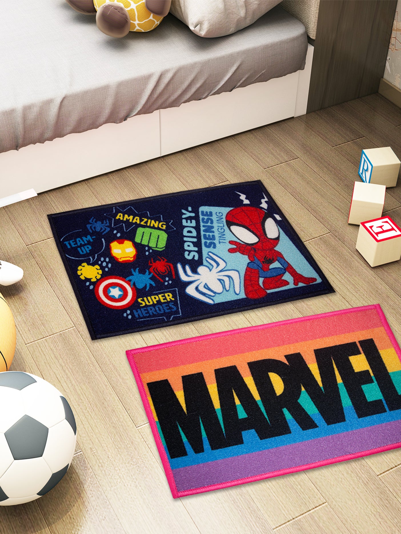Marvel Spidey Sense multicolor kids premium nylon doormat with rainbow design, latex backing, anti-skid, 37x57 cm, pack of 2 – Athom Living.

