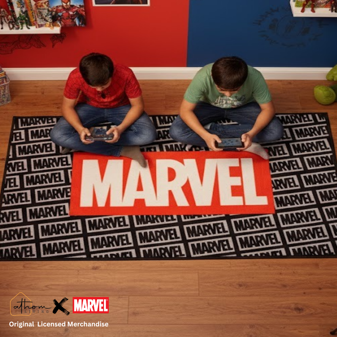 Marvel Themed Carpet by Athom Living with stunning hero graphics, designed to add a playful, fun vibe to any child’s room while providing a cozy surface to walk or sit.