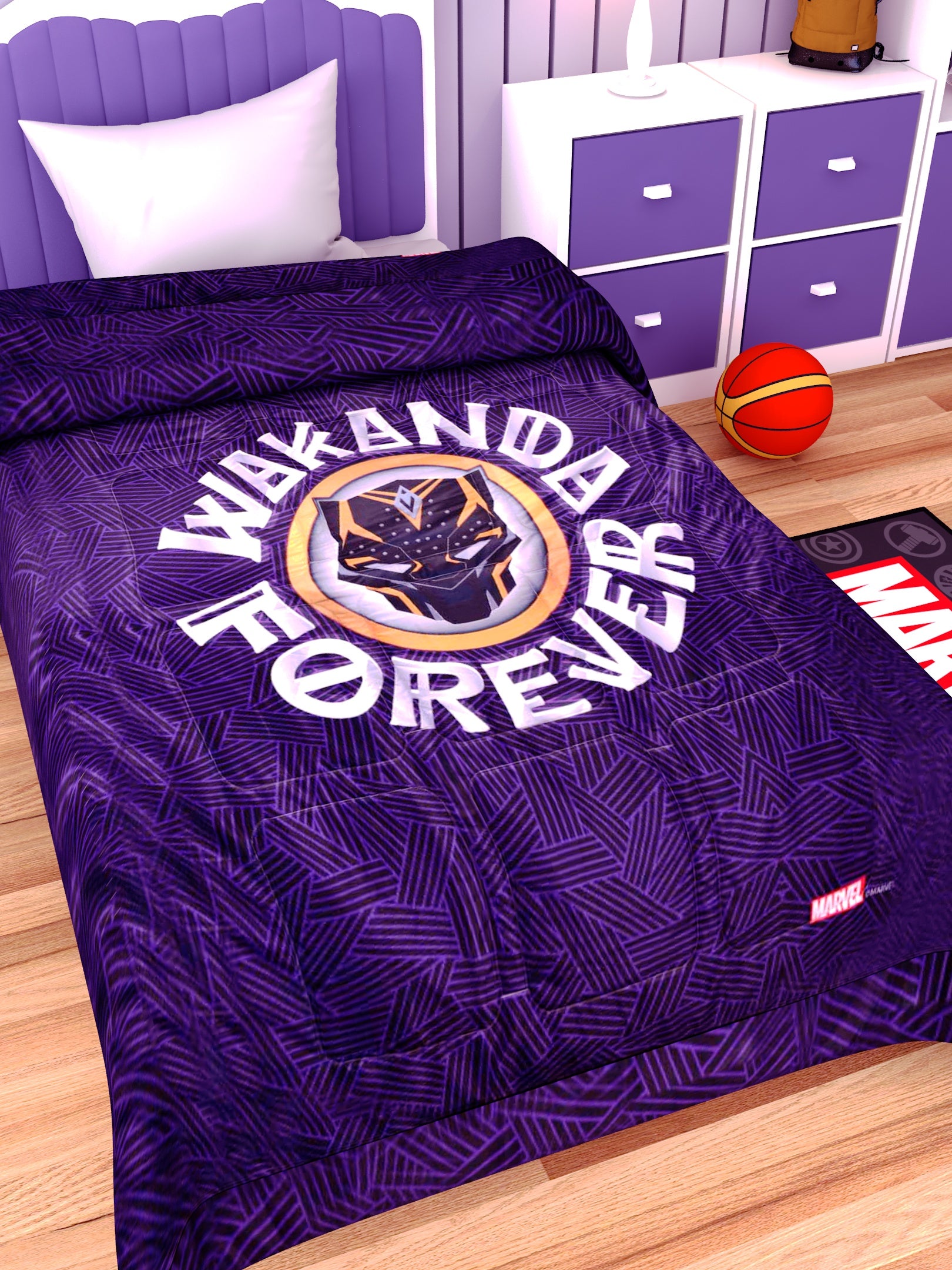 Marvel Wakanda Forever kids comforter with soft cotton fabric, perfect for cozy sleep, lightweight and stylish bedding for kids’ bedrooms.