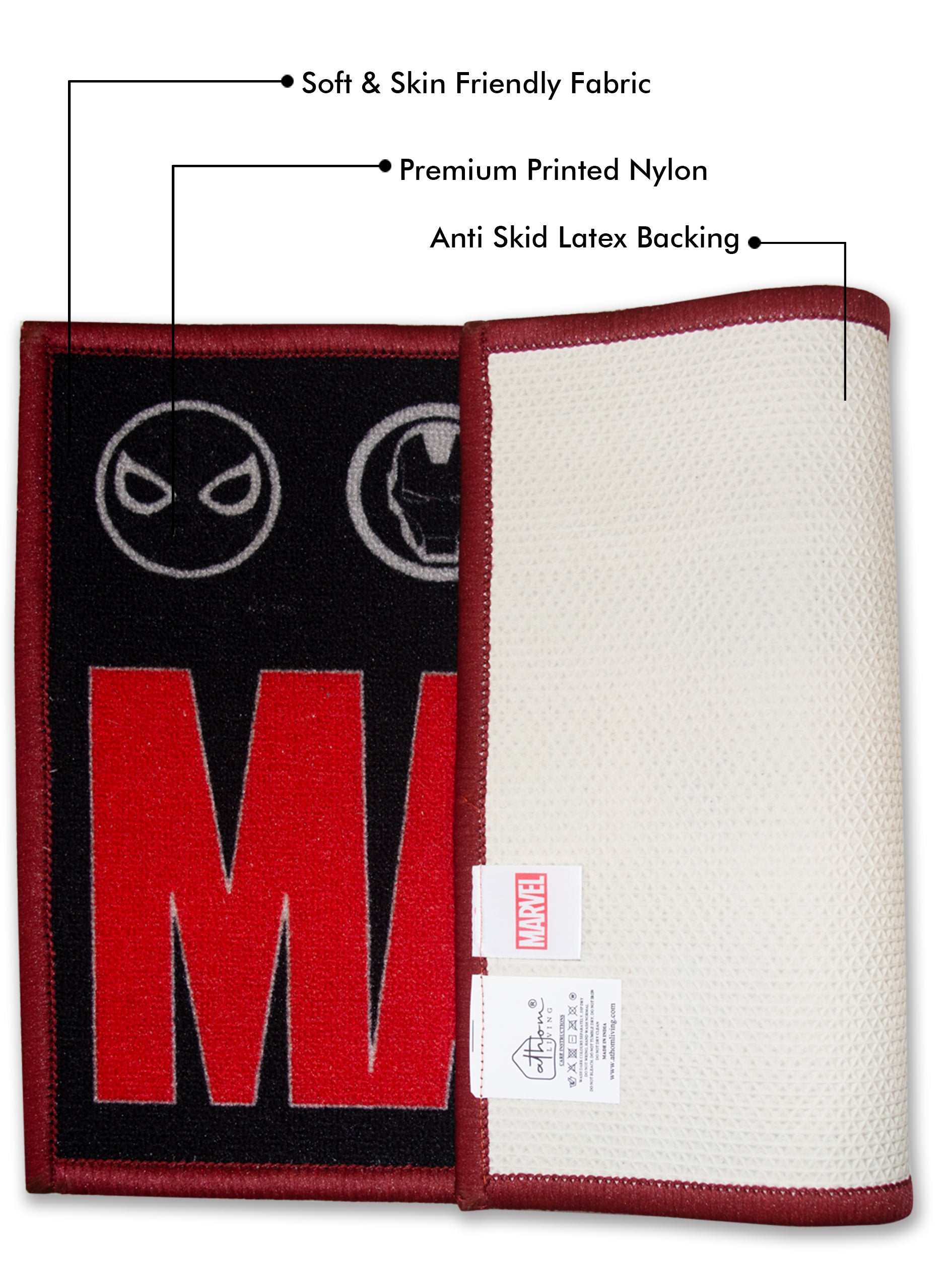 Marvel kids premium nylon doormat combo, red textured print, 37x57 cm with anti-skid latex backing for safe and stylish home entry.

